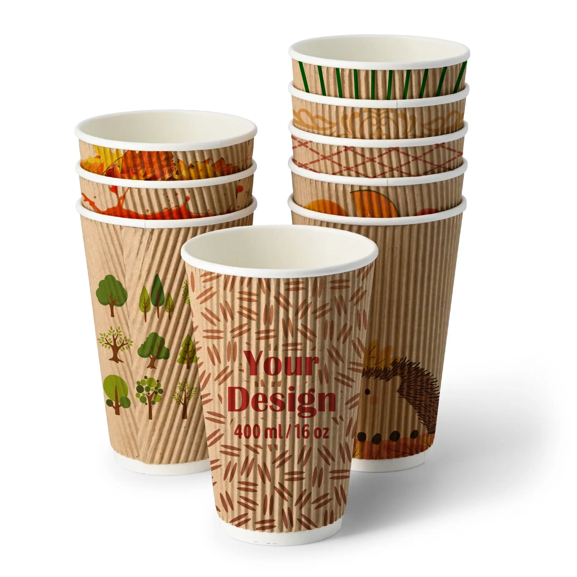 Riffelbecher bedruckt, 400 ml / 16 oz, braun / weiß, PE-beschichtet