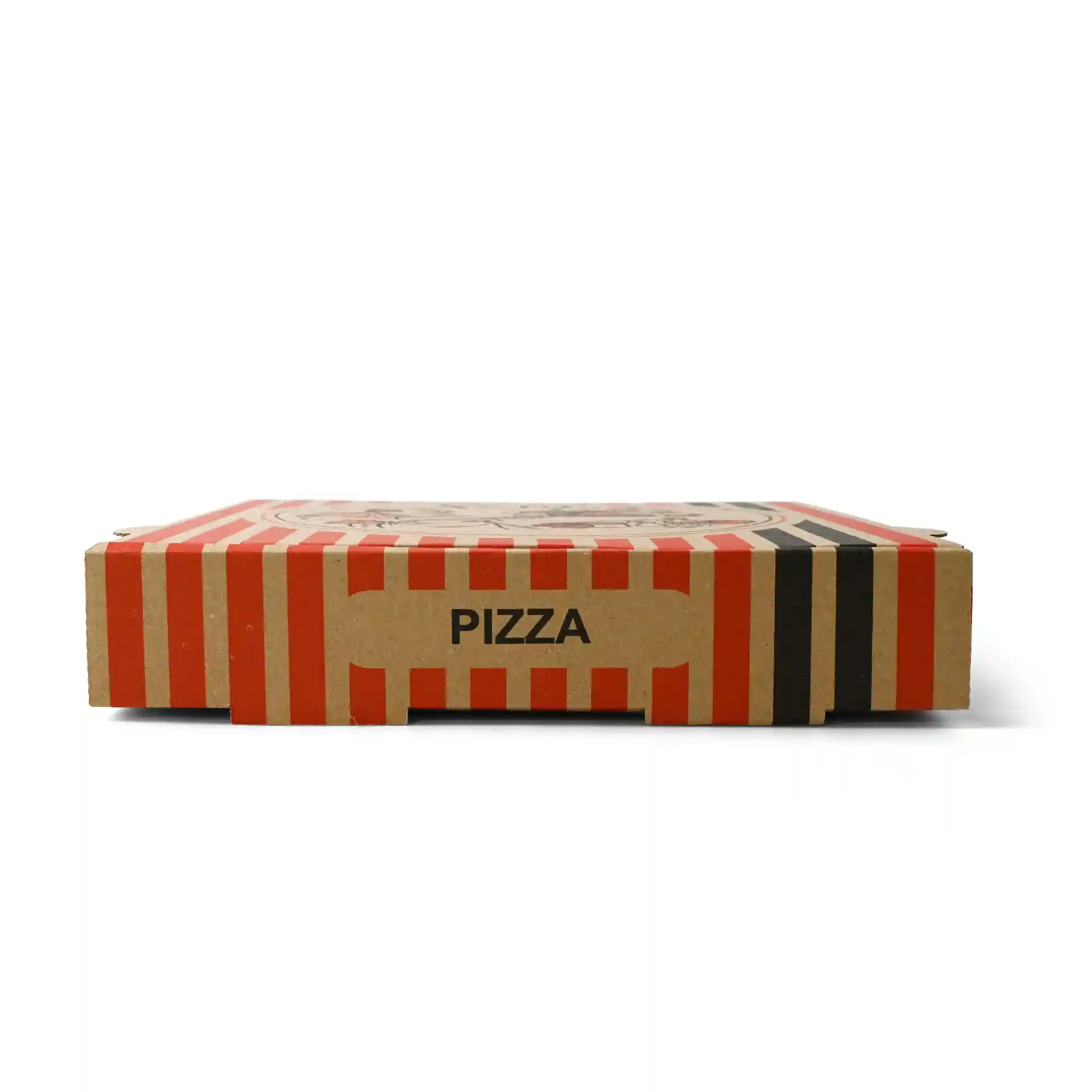 Scatola per pizza marrone con strisce rosse e nere, con design di chef pizzaiolo, misura 26 x 26 x 4 cm.