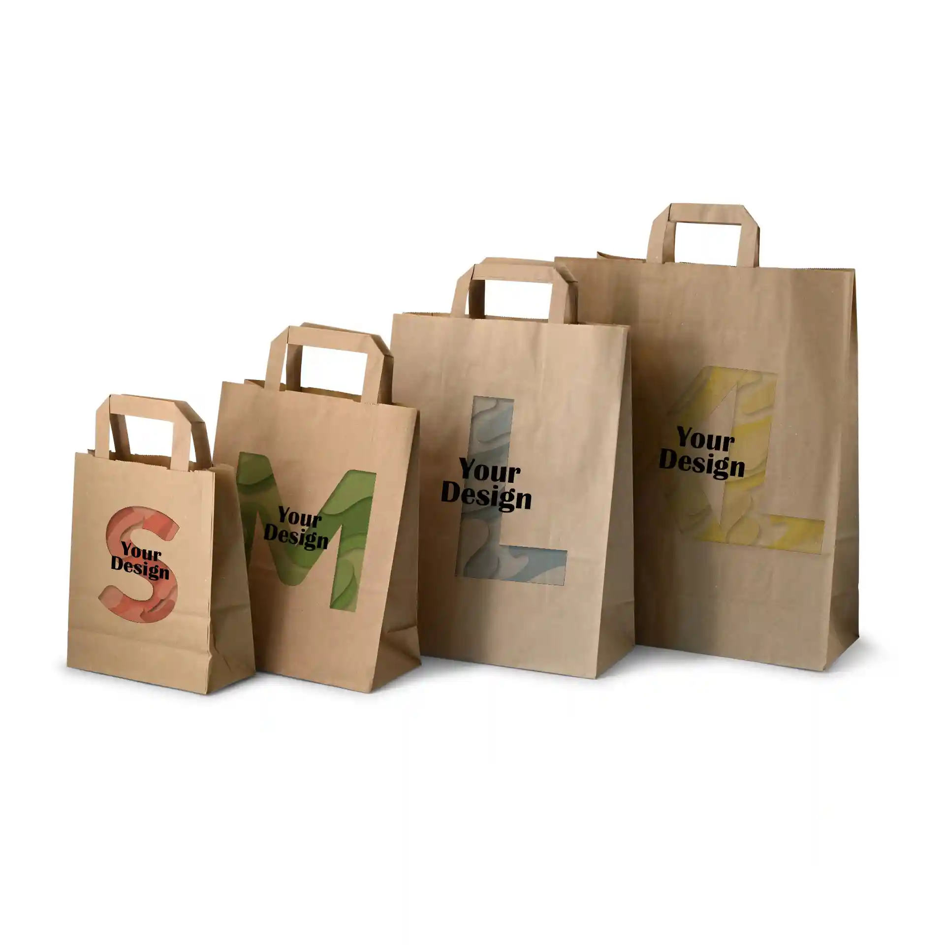 Immagine di quattro borse di carta marroni di diverse dimensioni, etichettate S, M, L e XL, con un'area di design su ciascuna.