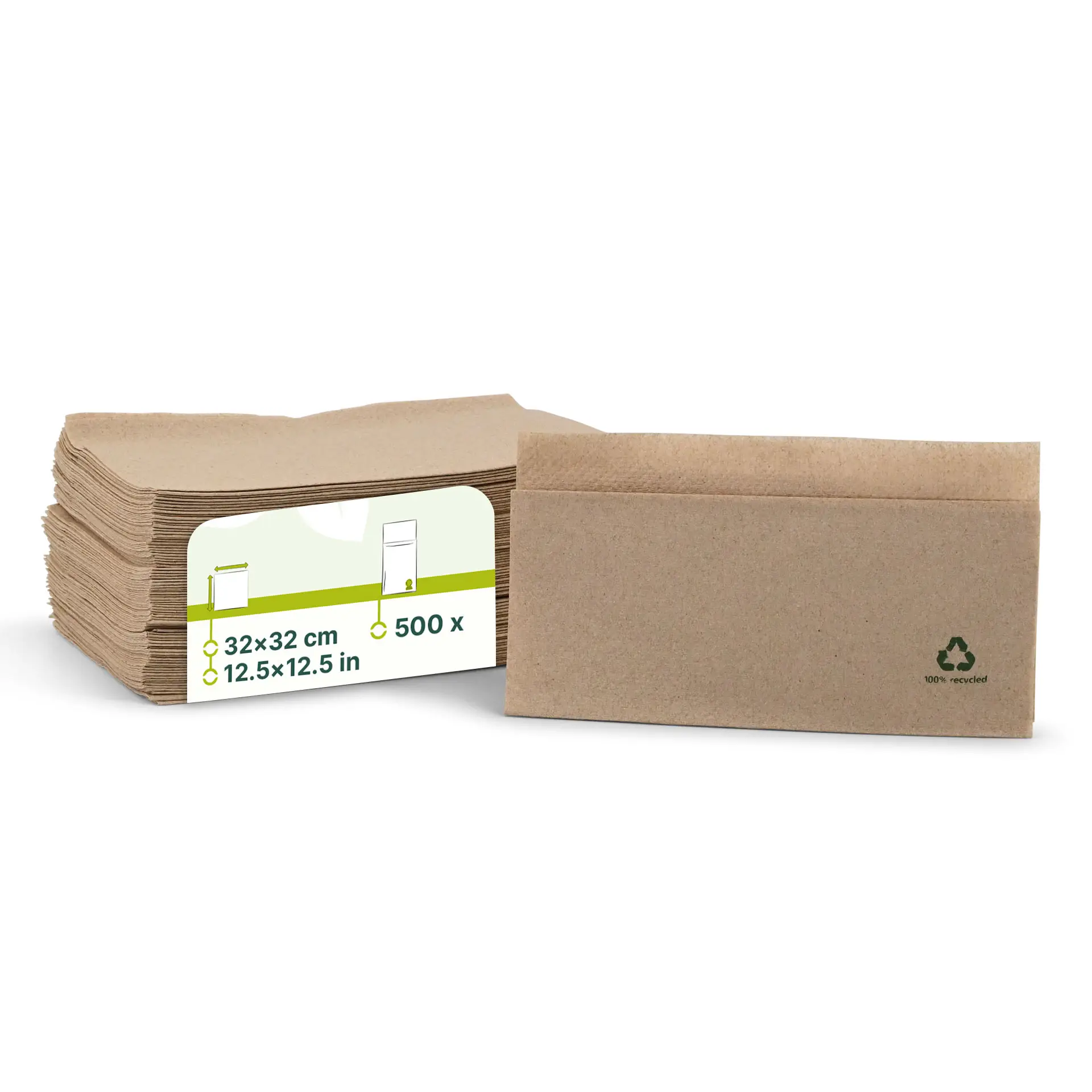 Una confezione di tovaglioli di carta riciclata non sbiancata, 32x32 cm, con etichetta da 500 pezzi. Tovaglioli in colore naturale.