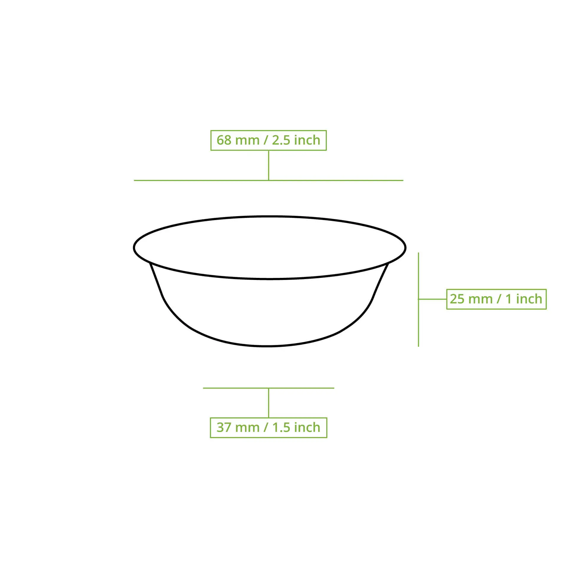 Mini ciotola per dipping in foglia di palma, forma rotonda, 68 mm di diametro e 25 mm di altezza, mostrata con dimensioni.