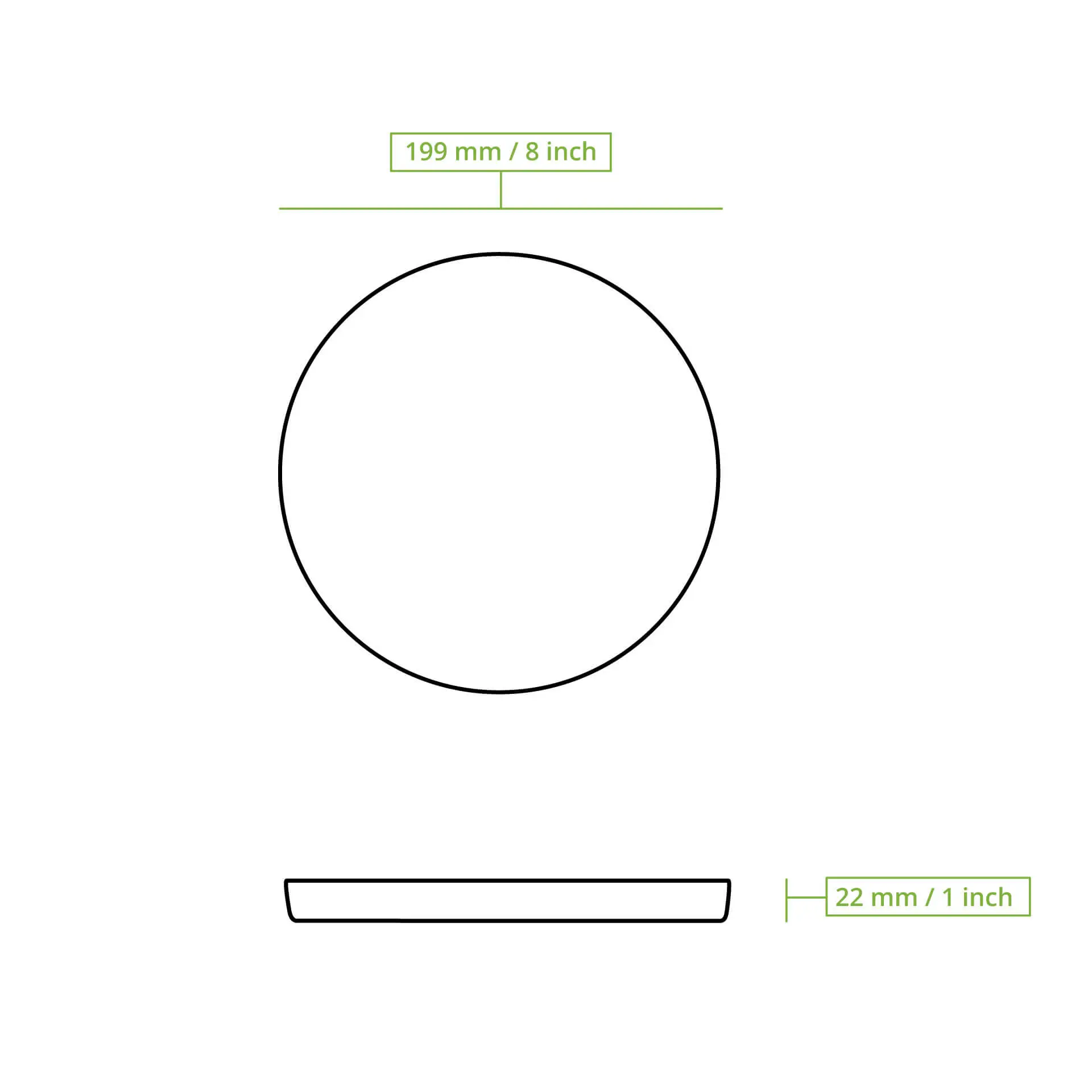 Disegno schematico di un piatto rotondo con un diametro di 200 mm e un'altezza di 22 mm.