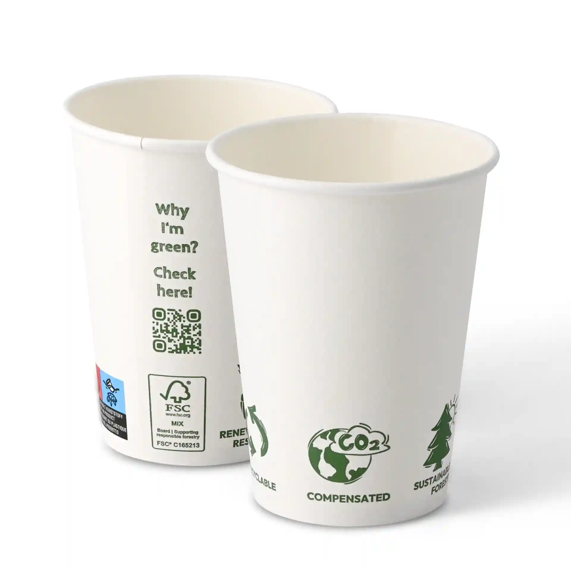 Bicchieri di carta bianchi con parete singola, capacità di 300 ml, con vari icone ecologiche all'esterno.