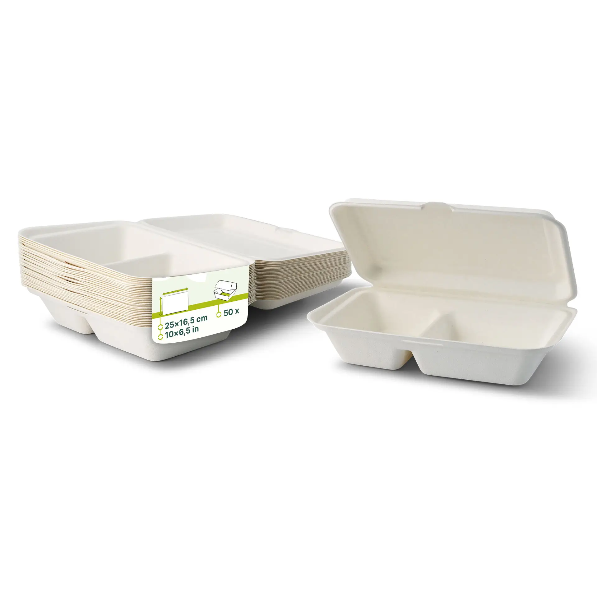 Due contenitori biodegradabili in canna da zucchero con coperchi a ribalta, con due scomparti, impilati e aperti. Dimensioni: 25 x 16,5 cm.