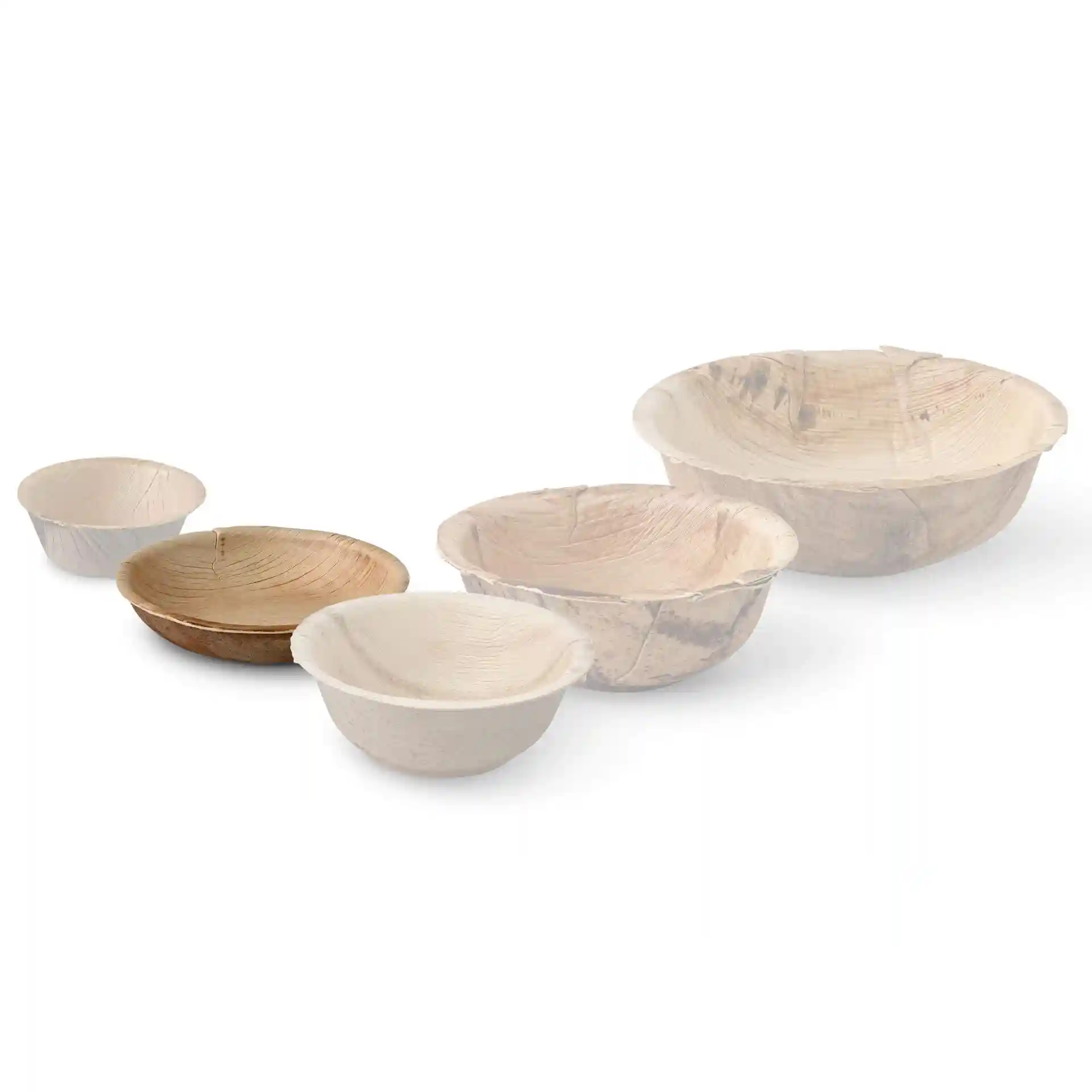 Set di cinque ciotole rotonde in foglie di palma di diverse dimensioni, con motivi di grano naturali.