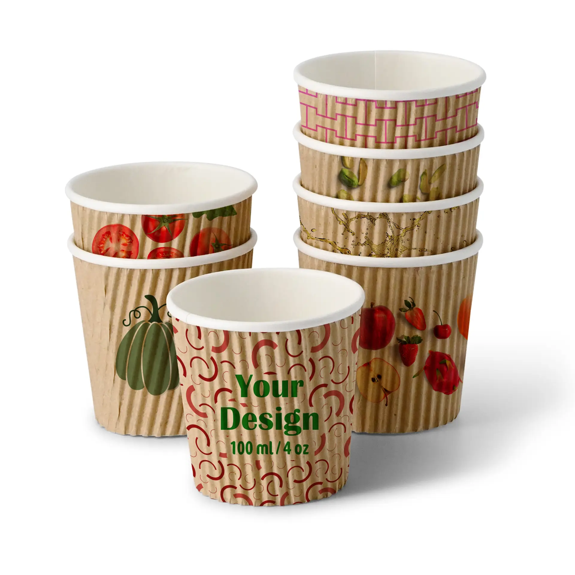 Riffelbecher bedruckt, 100 ml / 4 oz, braun / weiß, PE-beschichtet