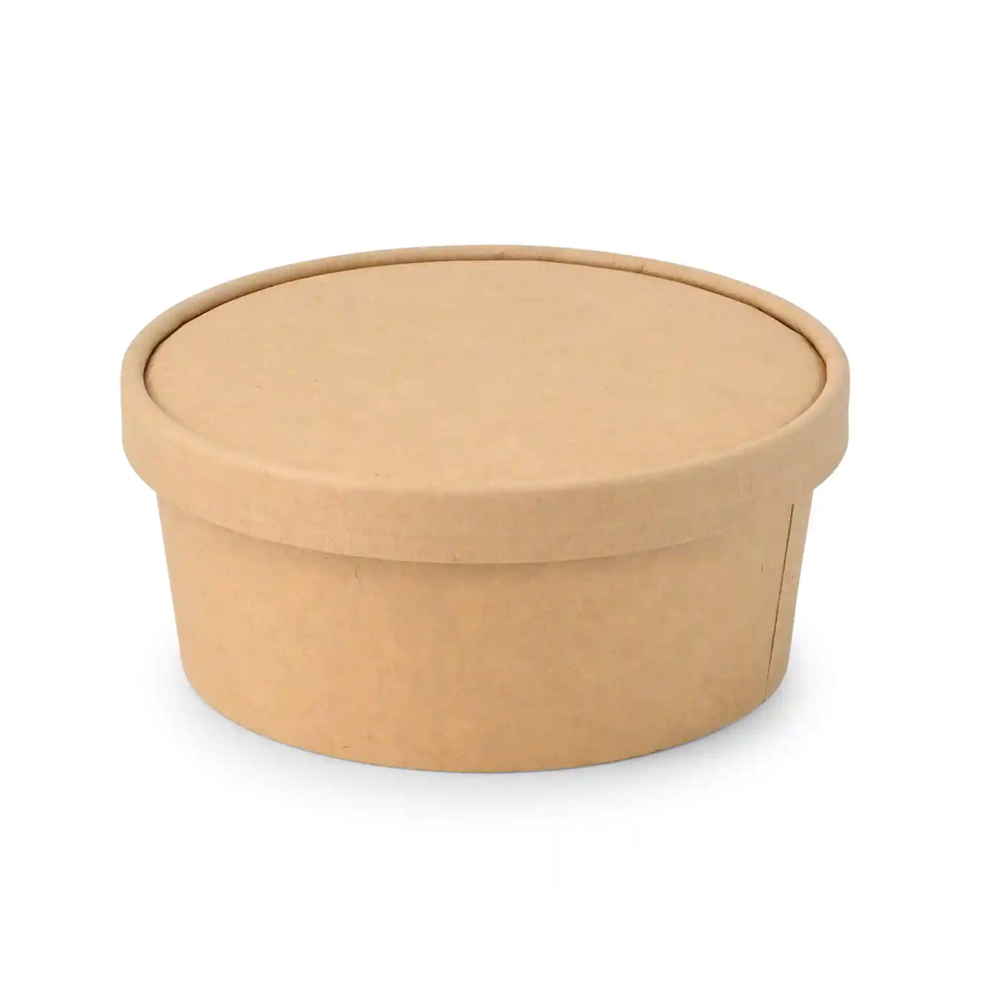 Contenitore rotondo in cartone con finitura marrone e coperchio, misura 150 mm di diametro e 17 mm di altezza.