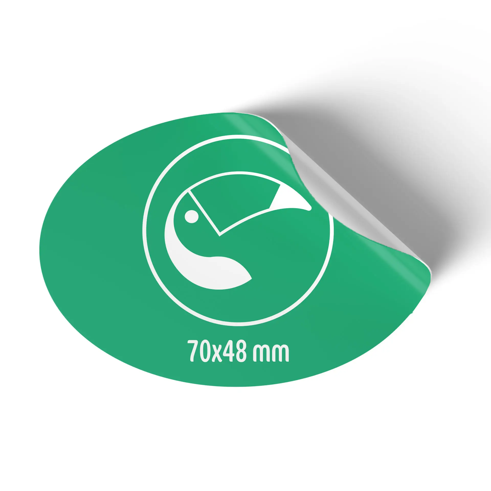 Adesivo ovale verde con grafica bianca e dimensioni di 70x48 mm, che mostra una parte dell'adesivo arrotolata sul bordo.