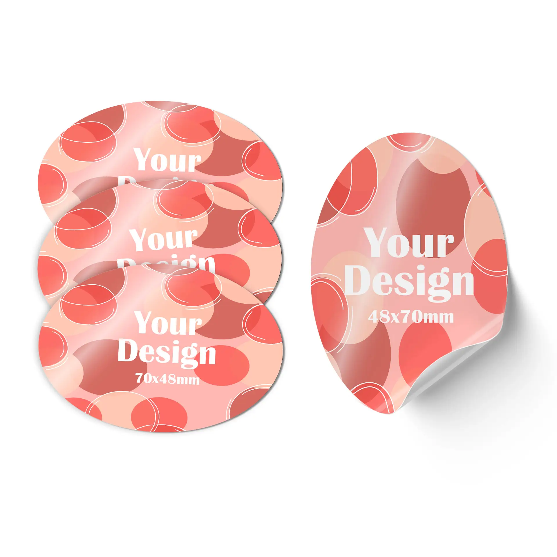 Adesivo ovale verde con grafica bianca e dimensioni di 70x48 mm, che mostra una parte dell'adesivo arrotolata sul bordo.