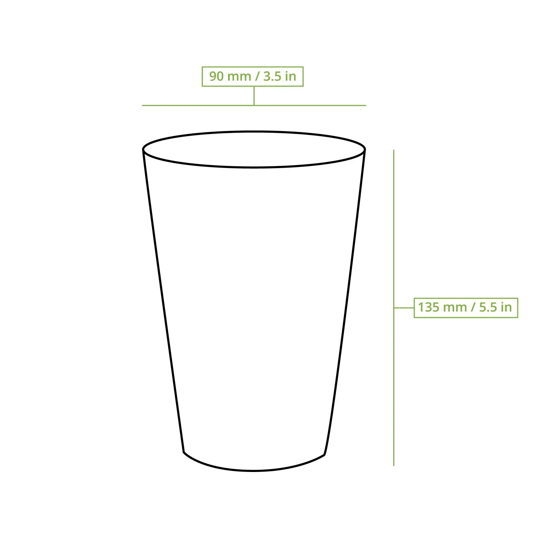 Disegno schematico di un bicchiere rigato con dimensioni: altezza 135 mm e diametro 90 mm.
