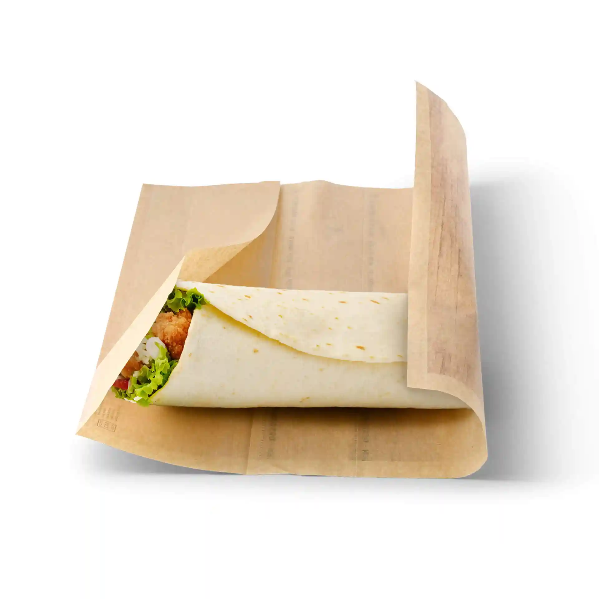 Borsa avvolgente marrone stampata con chiusura adesiva, contenente un wrap di tortilla con lattuga e pollo.