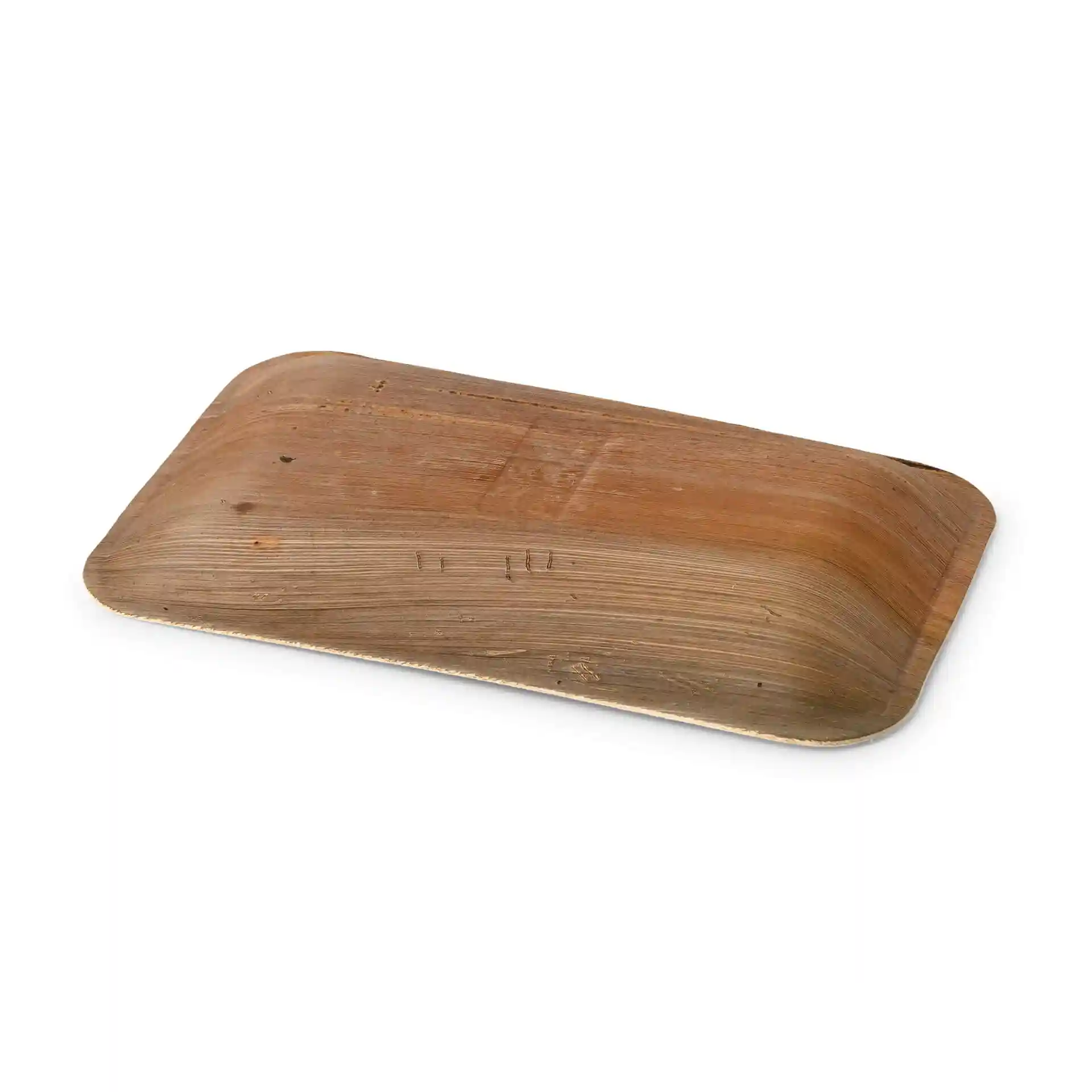 Piatto rettangolare piatto in foglia di palma con finitura a grana naturale, misura 25 x 15 cm.