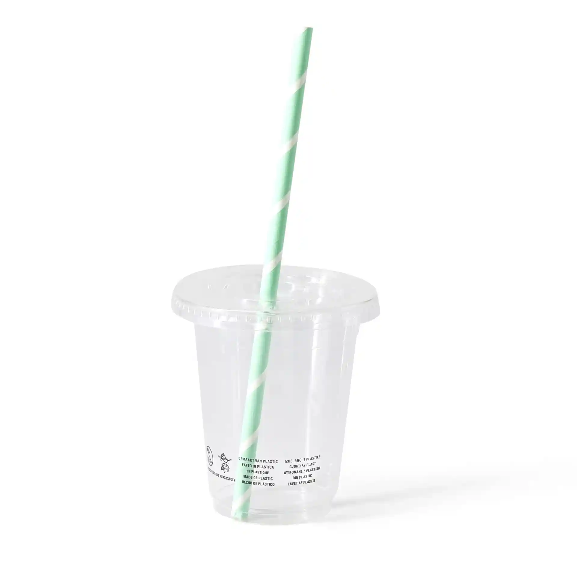 Bicchiere in PLA trasparente con una cannuccia a righe verdi e bianche, capacità di 300 ml, su sfondo semplice.