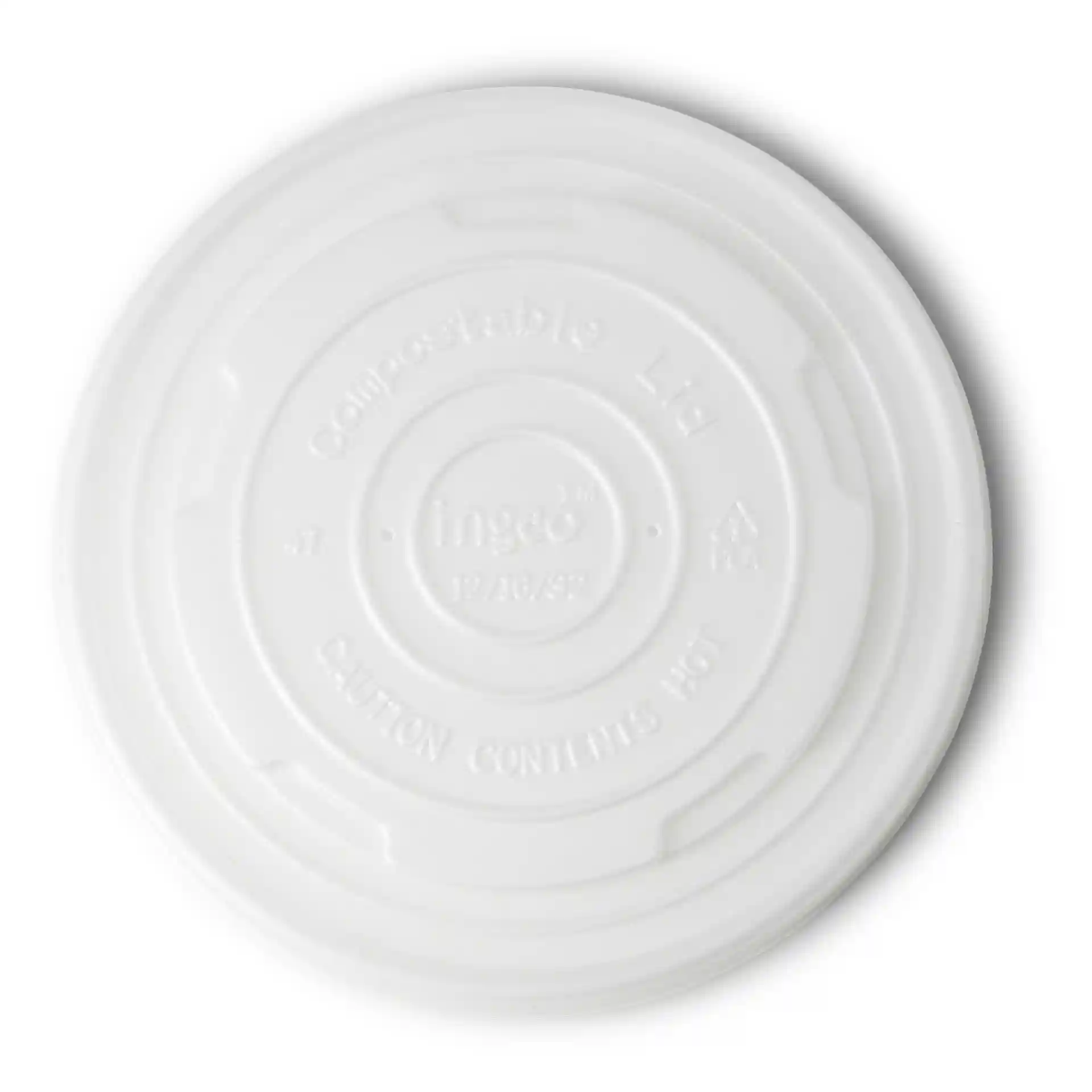 Coperchio piatto in CPLA bianco con un diametro di 115 mm, forma rotonda e senza rivestimento.