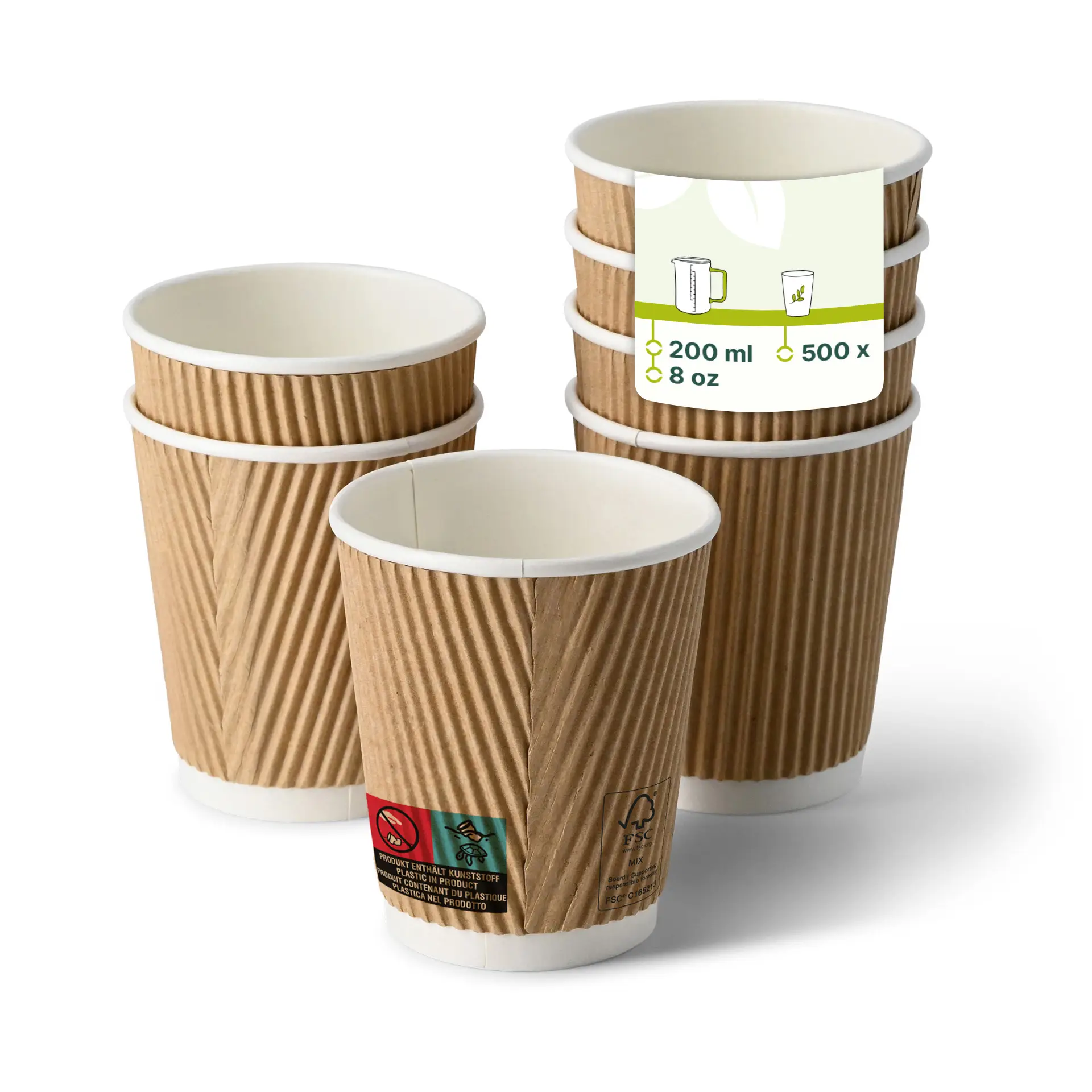 Una tazza da caffè marrone aperta con un interno bianco; diverse tazze simili impilate con opacità ridotta.