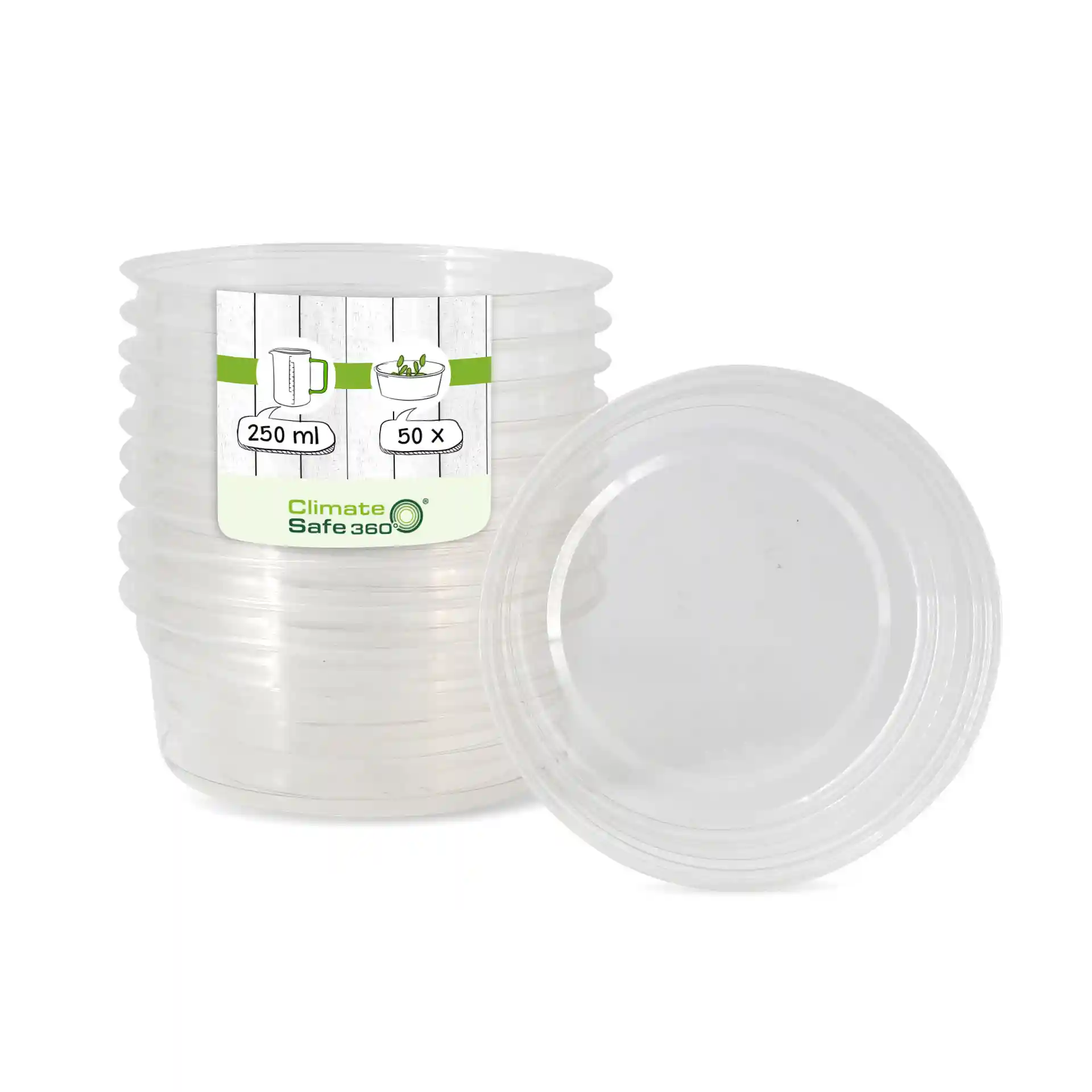 Contenitore rotondo trasparente per deli con capacità di 250 ml, mostra diversi contenitori impilati e uno di lato.