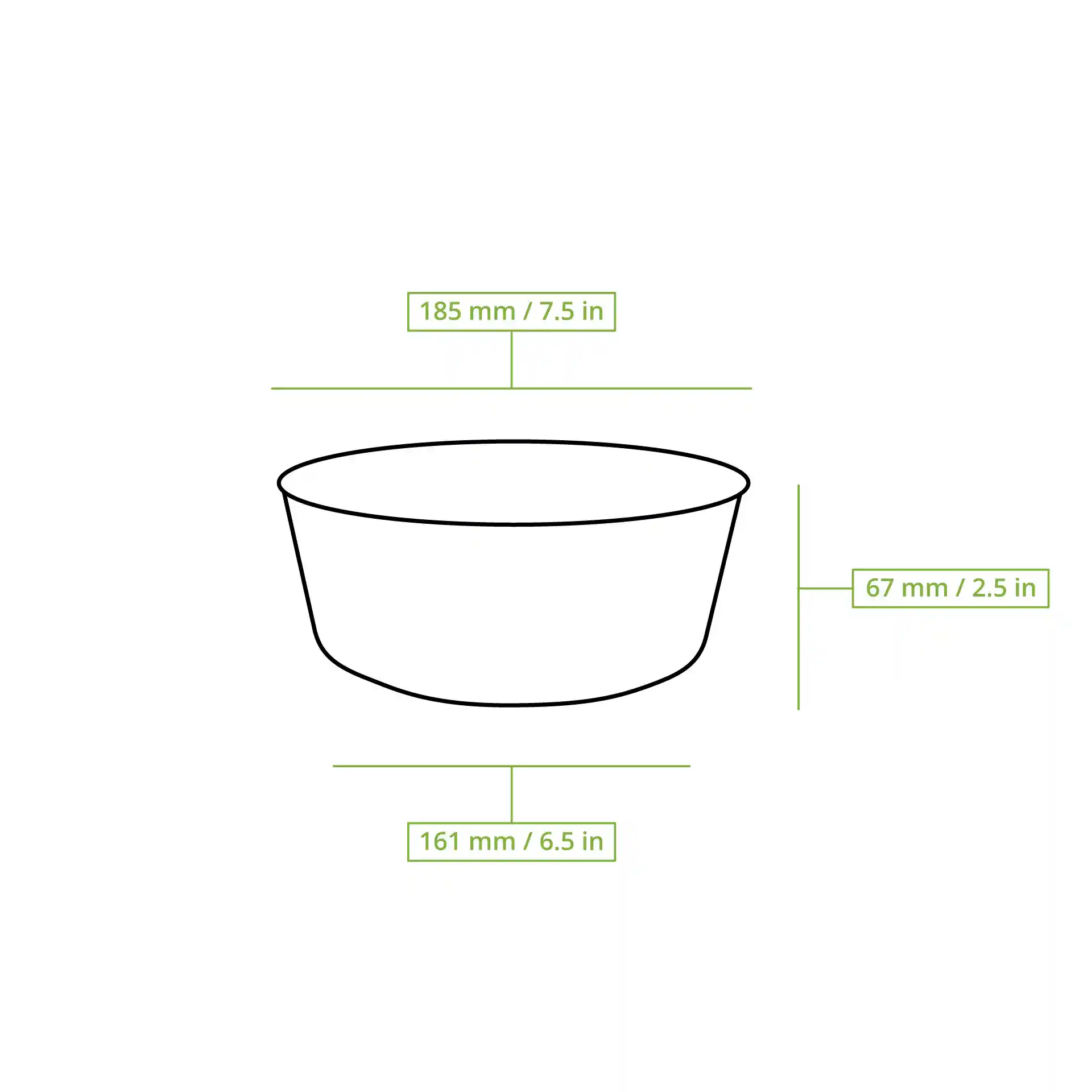 Disegno schematico di una ciotola rotonda in cartone con dimensioni: 185 mm di diametro, 67 mm di altezza e 161 mm di diametro del fondo.