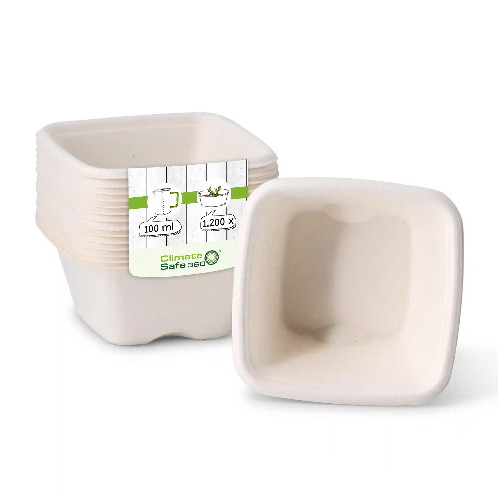 Pila di bicchieri in bagassa bianchi, forma quadrata, capacità di 100 ml, con un bicchiere inclinato per mostrare l'interno.