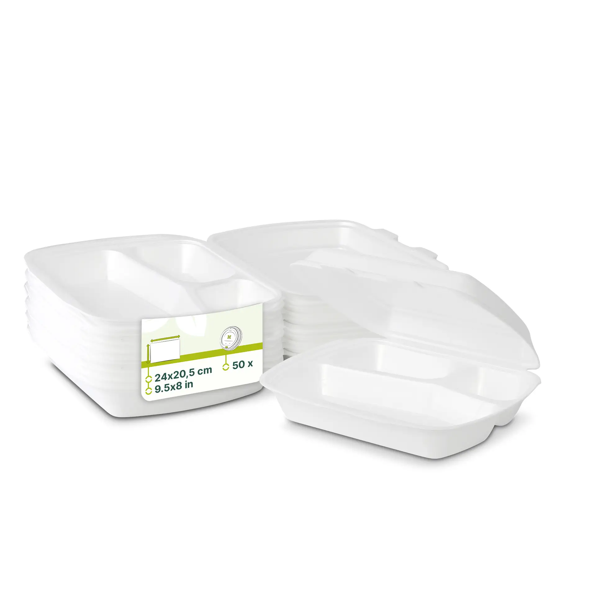 Vassoi per pasti in plastica bianca con sezioni divise, impilati con un'etichetta visibile che indica dimensione e quantità.