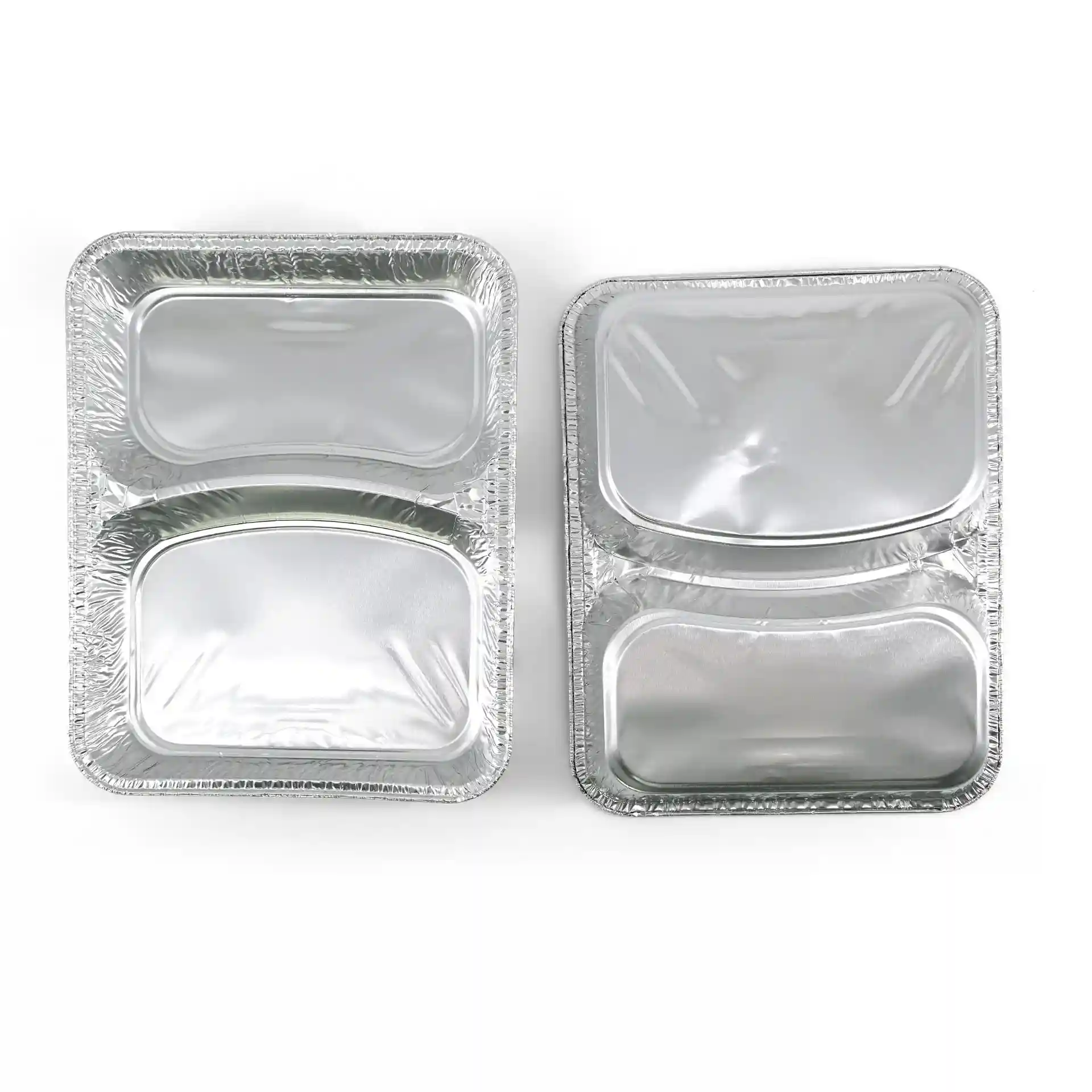 Vassoi in alluminio per pasti con due scomparti, forma rettangolare, misure 22,7 x 17,7 x 3 cm.