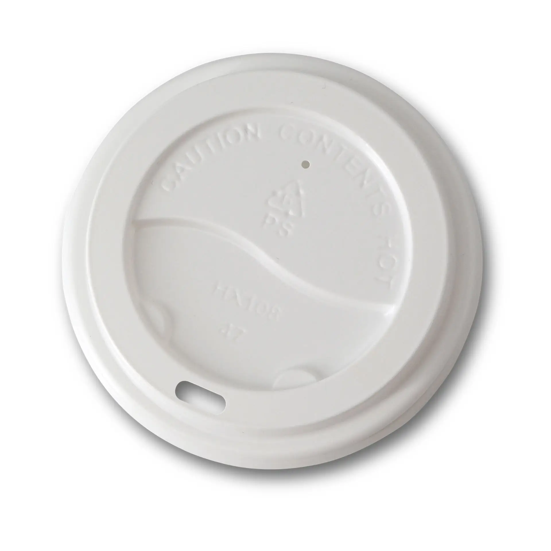 Coperchio per bevande in plastica bianca con foro per bere, diametro di 90 mm, adatto per bevande calde e fredde.