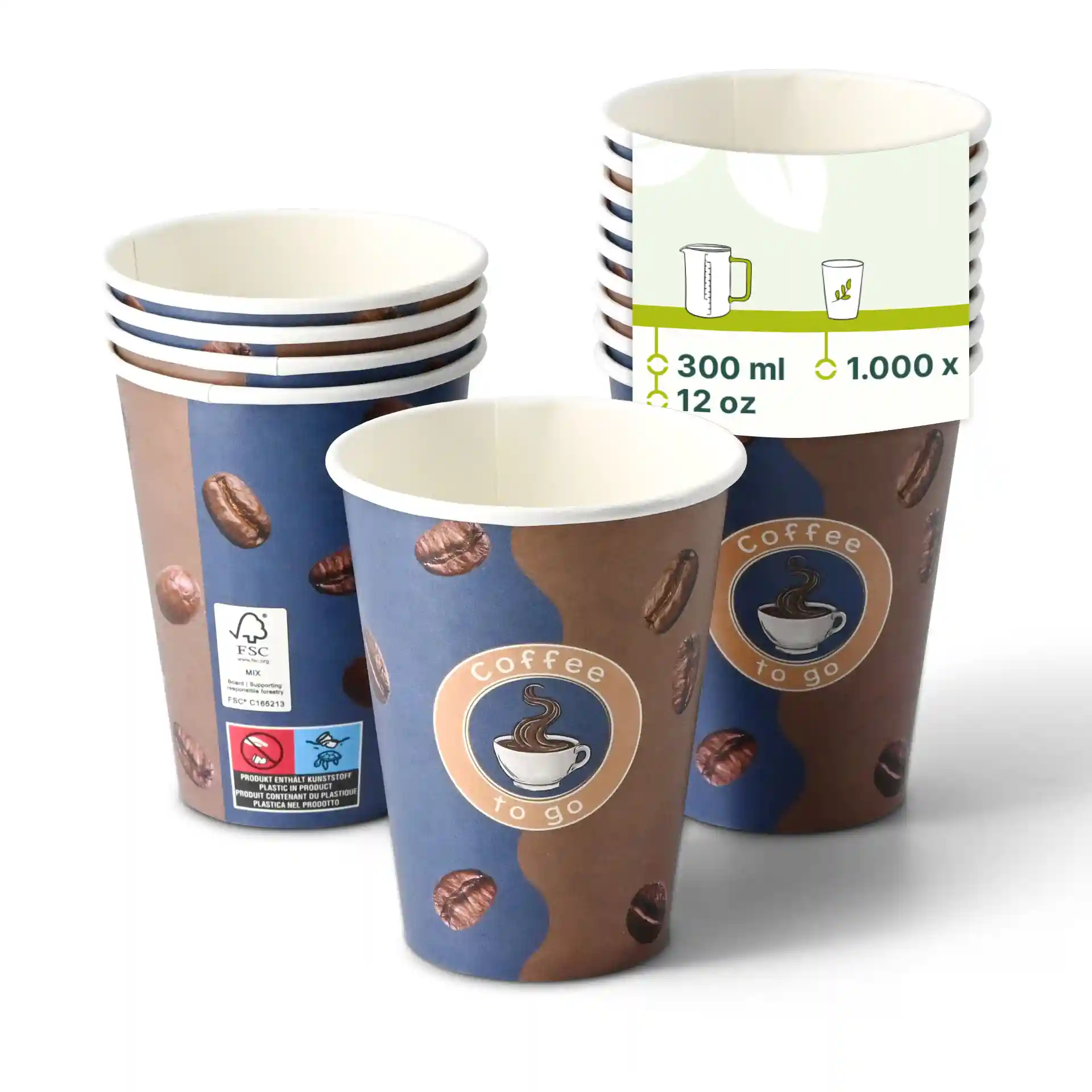 Pila di bicchieri di carta stampati con design di chicchi di caffè, forma rotonda e logo visibile "Coffee to go".