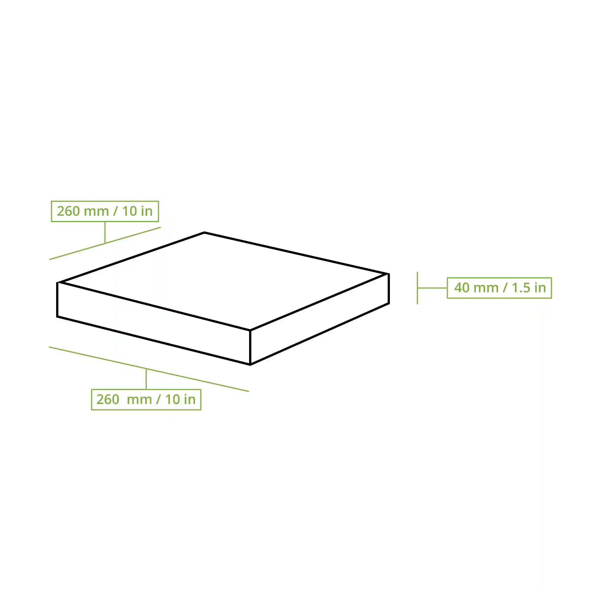 Disegno schematico di una scatola per pizza quadrata con dimensioni di 260 mm per 260 mm e altezza di 40 mm.