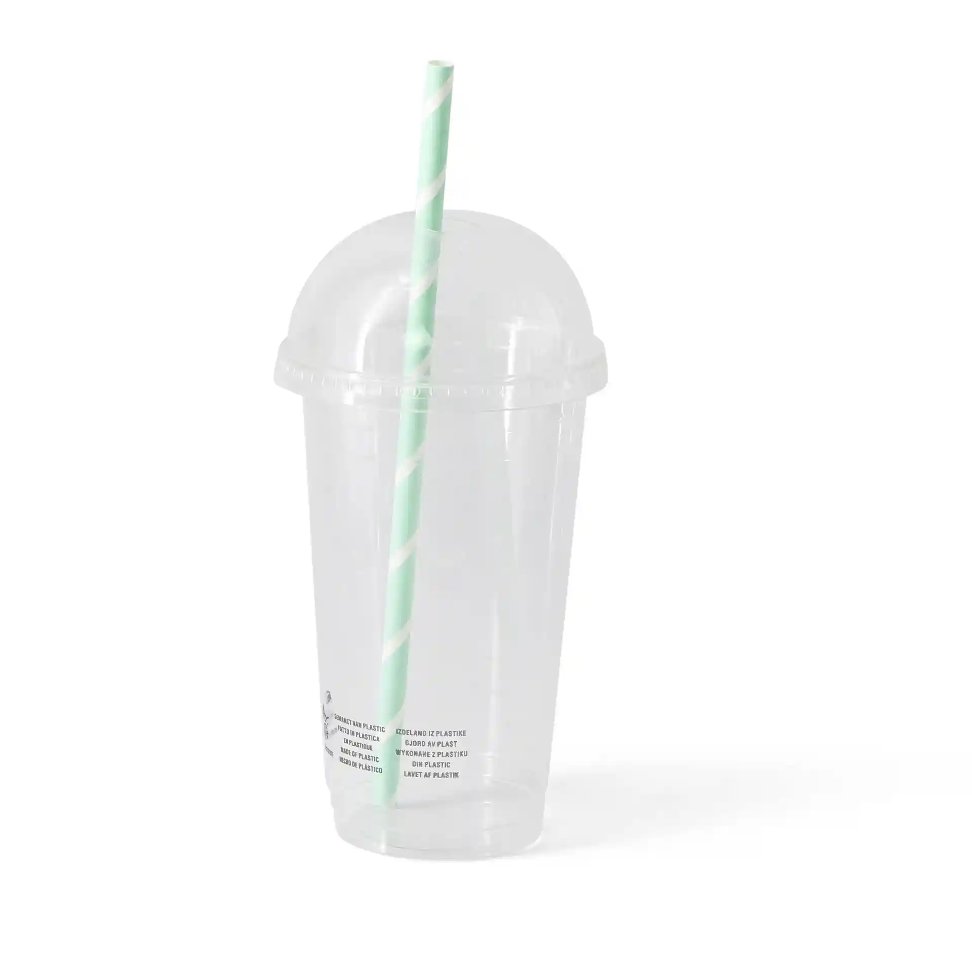 Bicchiere in plastica PLA trasparente con coperchio a cupola e cannuccia a righe verdi, capacità di 500 ml.