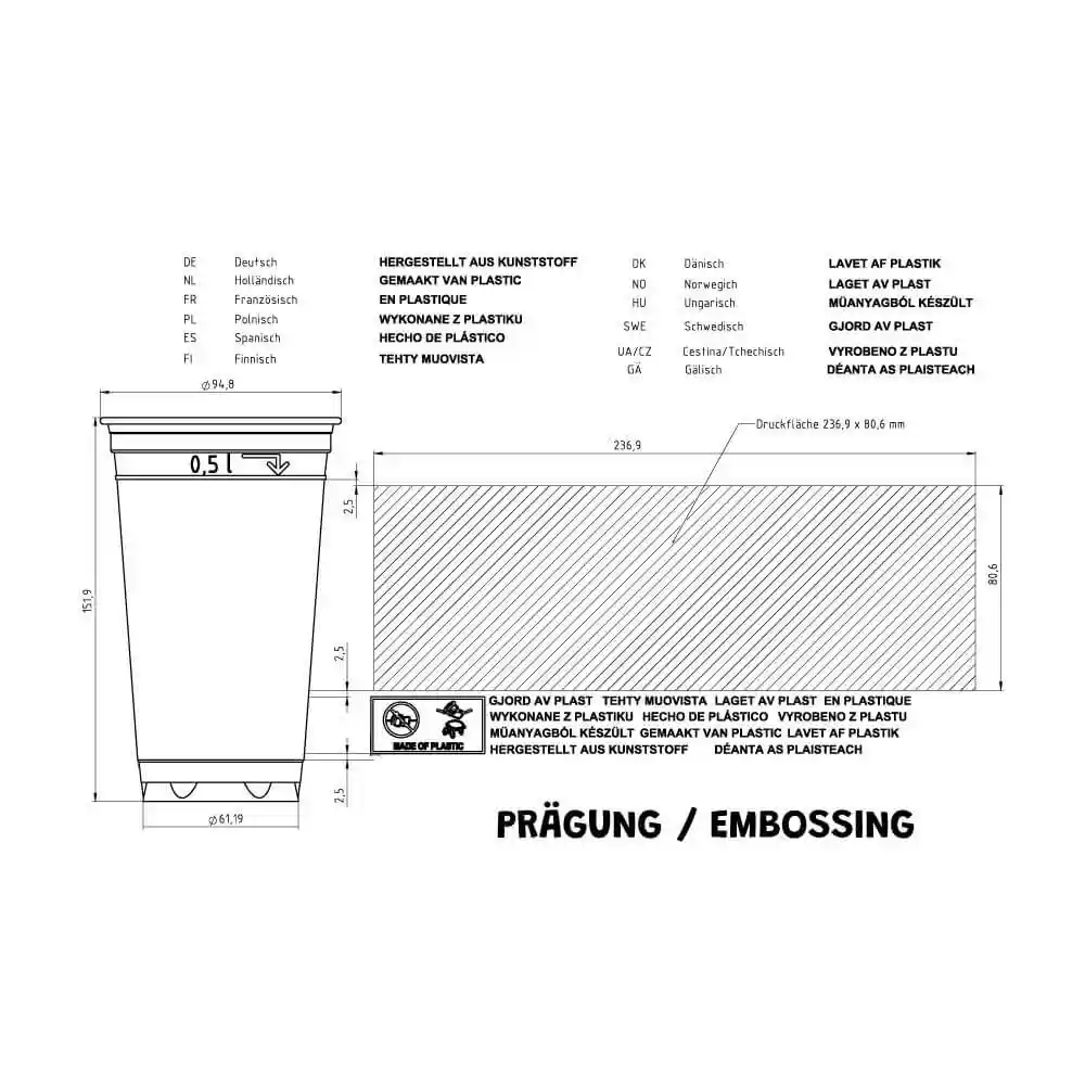 Disegno schematico di un bicchiere trasparente rPET da 20 oz con dimensioni e marcature, altezza di 151 mm e diametro di 95 mm.