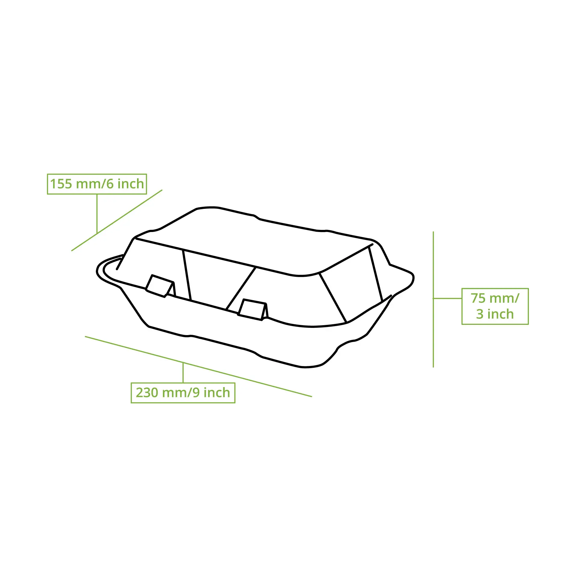 Contenitore per asporto in canna da zucchero, dimensioni 230 mm x 155 mm x 75 mm; biodegradabile con coperchio a ribalta per cibi ad alto contenuto di grassi.