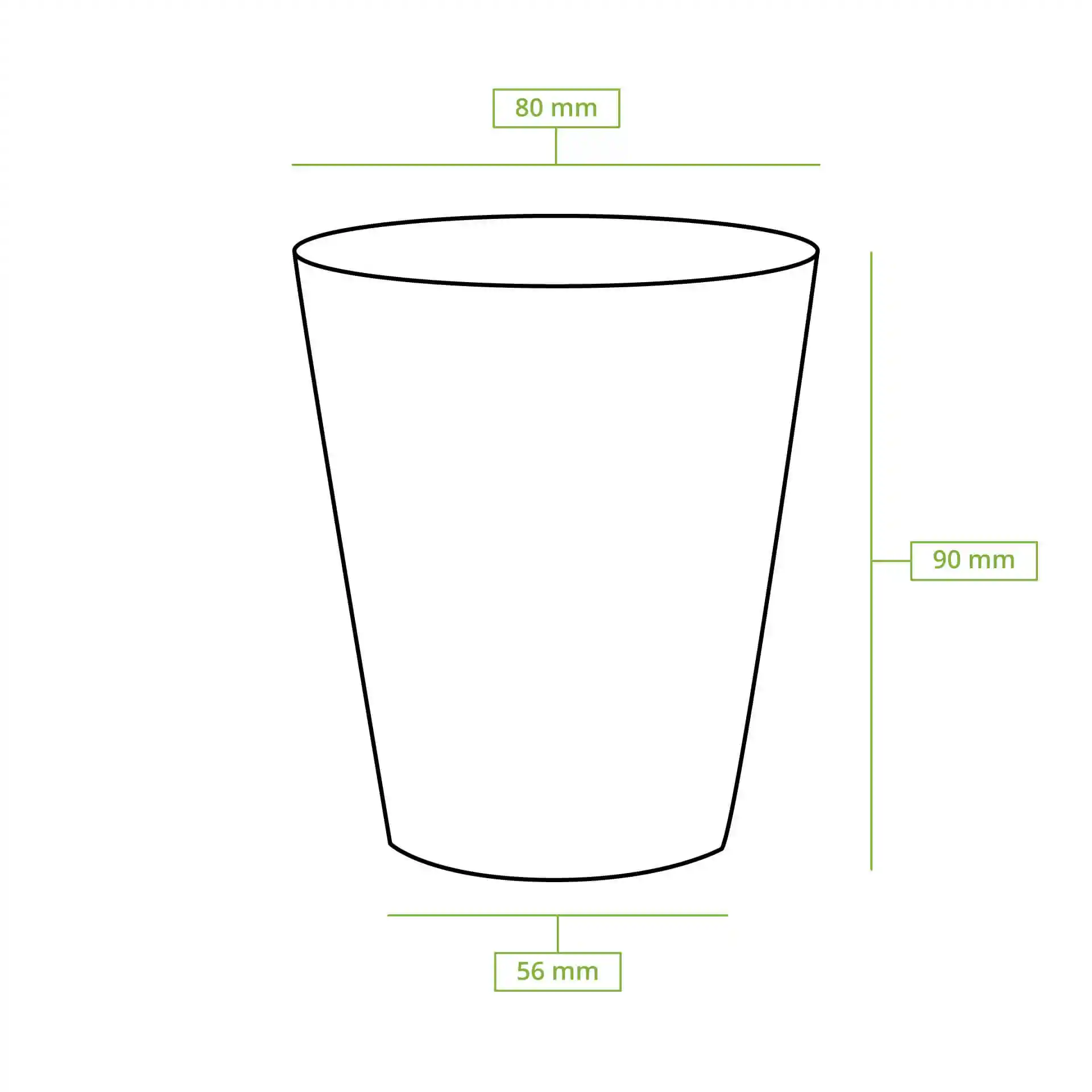 Disegno schematico di un bicchiere di carta con dimensioni: altezza 90 mm, diametro superiore 80 mm e diametro di base 56 mm.
