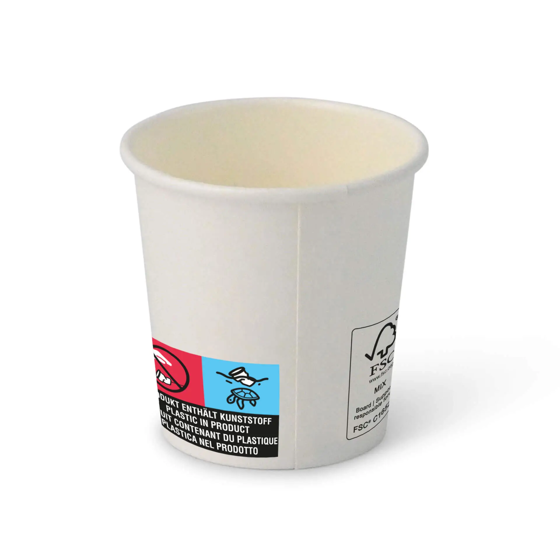 Bicchiere di carta bianco a forma rotonda, con un'etichetta blu e rossa con simboli e un piccolo logo FSC.