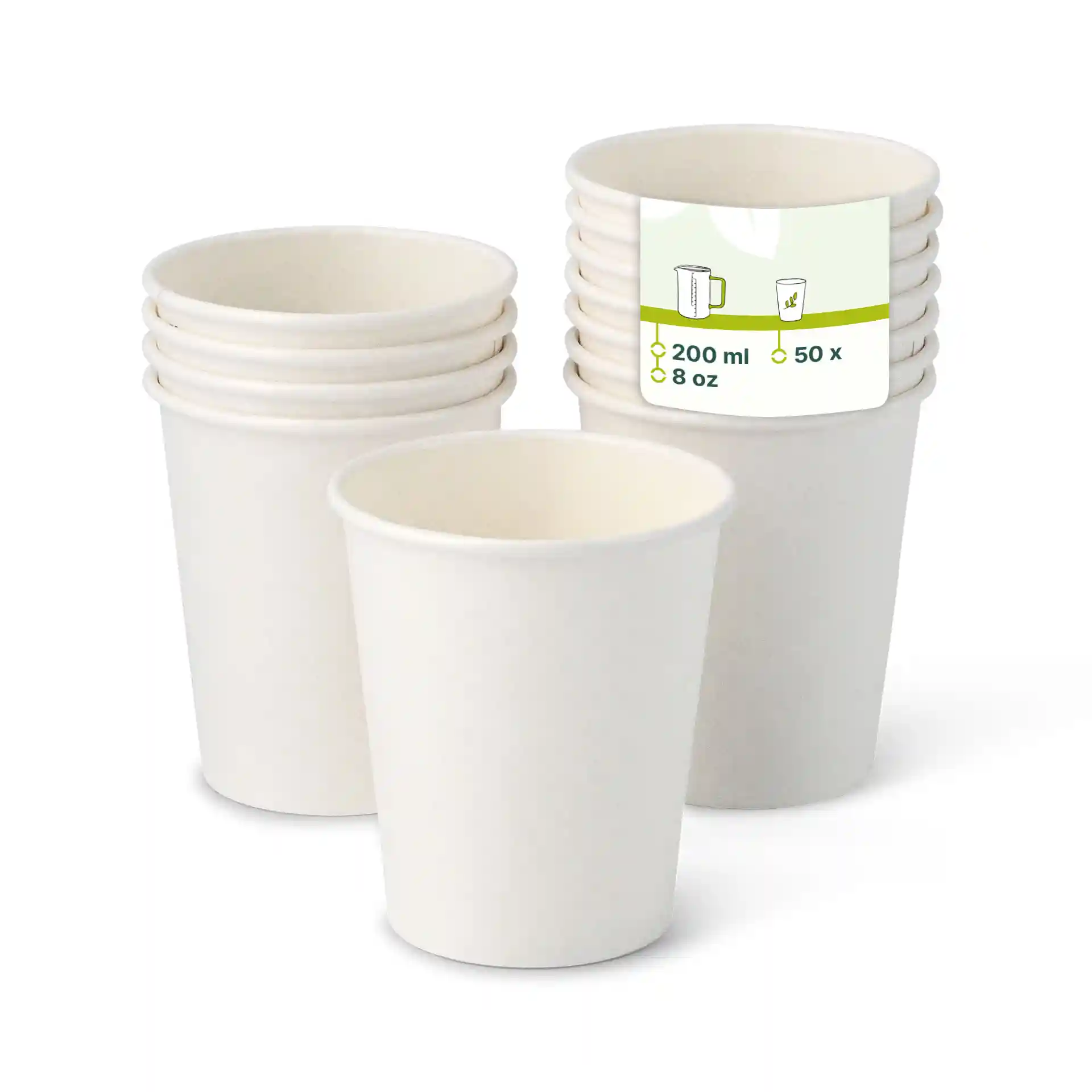 Bicchieri di carta bianchi impilati, con un bicchiere davanti che mostra un'etichetta con capacità di 200 ml e dimensione di 8 oz.
