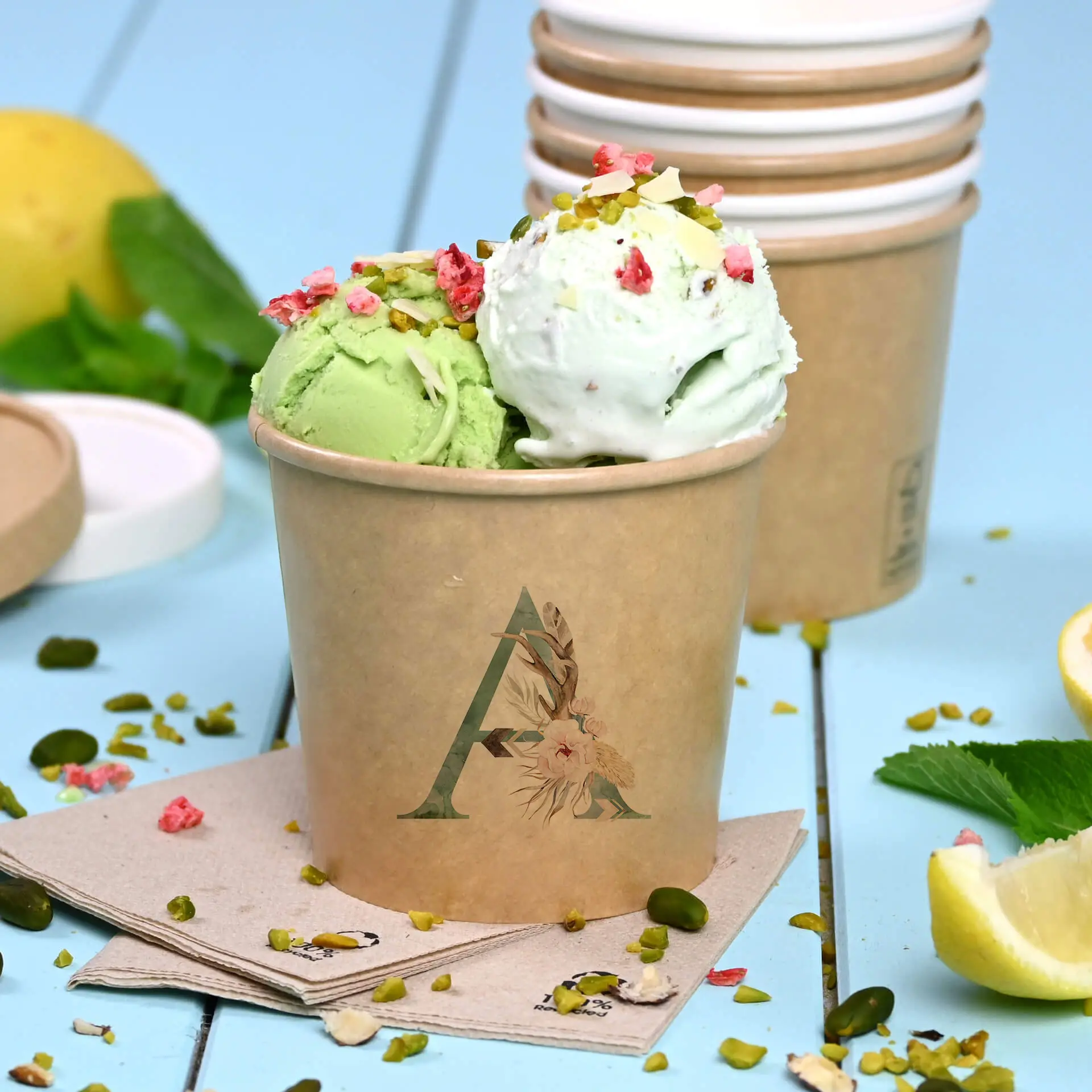 Gelato in una tazza marrone da 250 ml con un logo floreale, guarnito con pistacchi e pezzi di fragola, su una superficie blu.