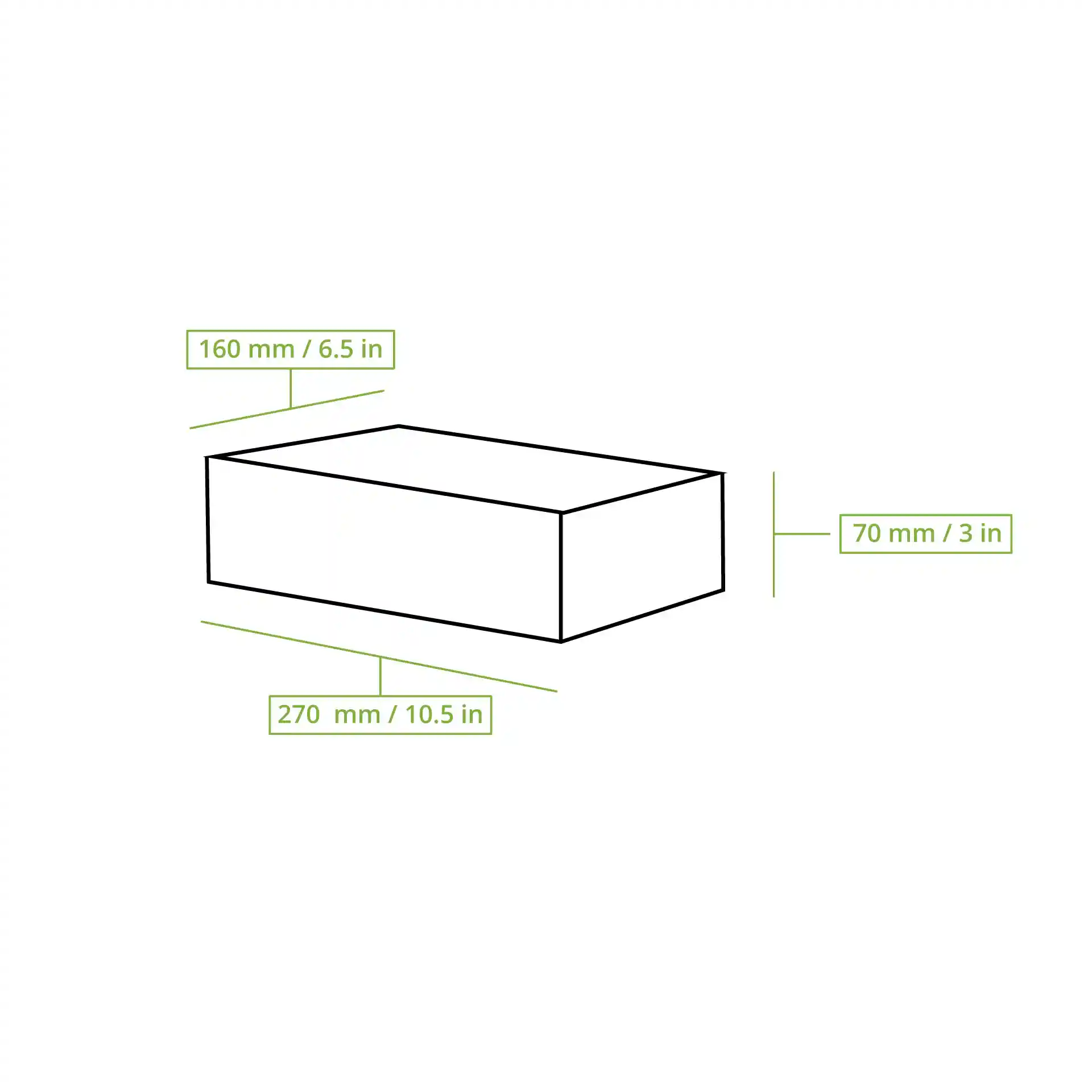 Disegno schematico di una scatola rettangolare con dimensioni etichettate: 270 mm di lunghezza, 160 mm di larghezza e 70 mm di altezza.