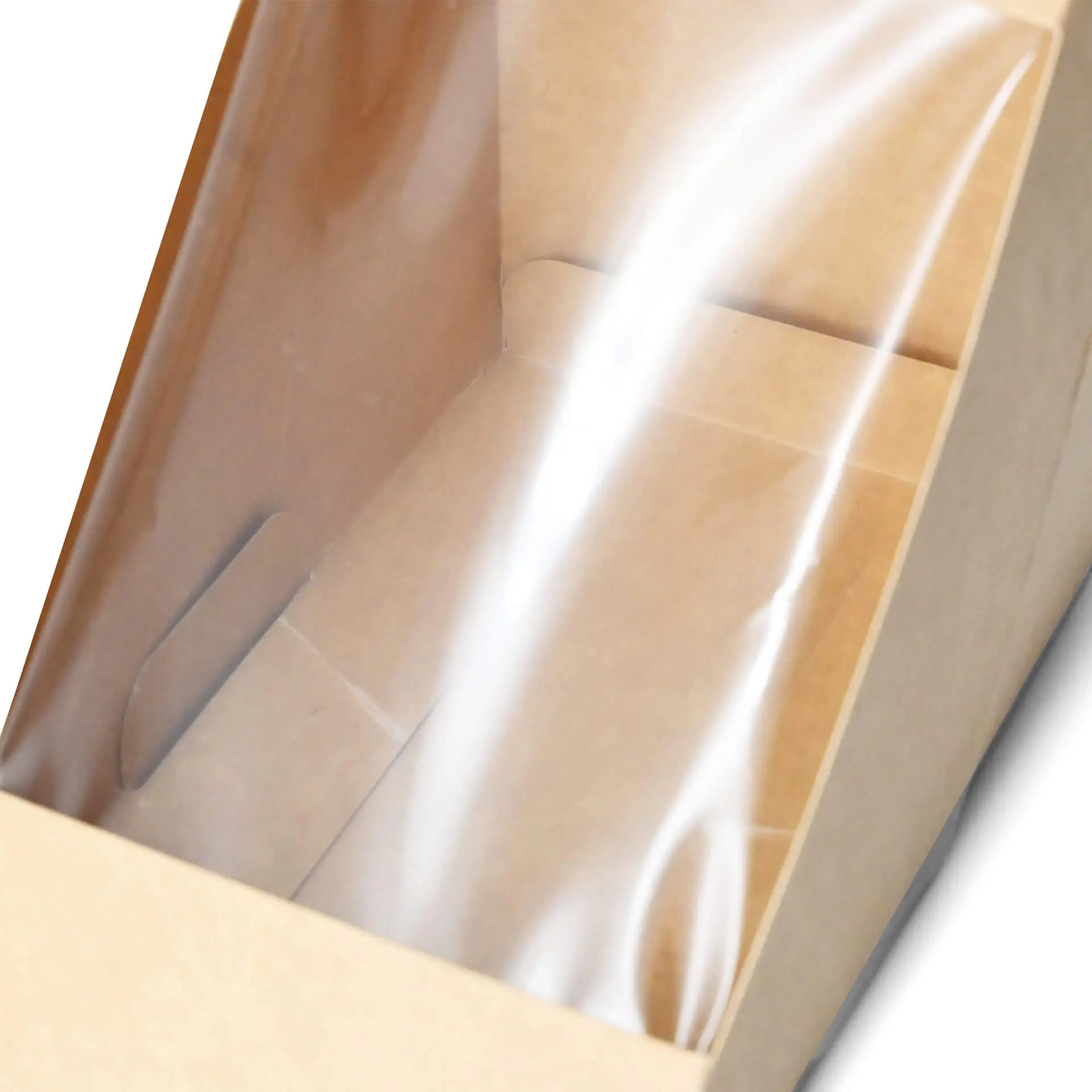 Scatola a cuneo per sandwich in cartONE marrone con una finestra trasparente in PLA; interno rivestito in PLA senza petrolio per freschezza.