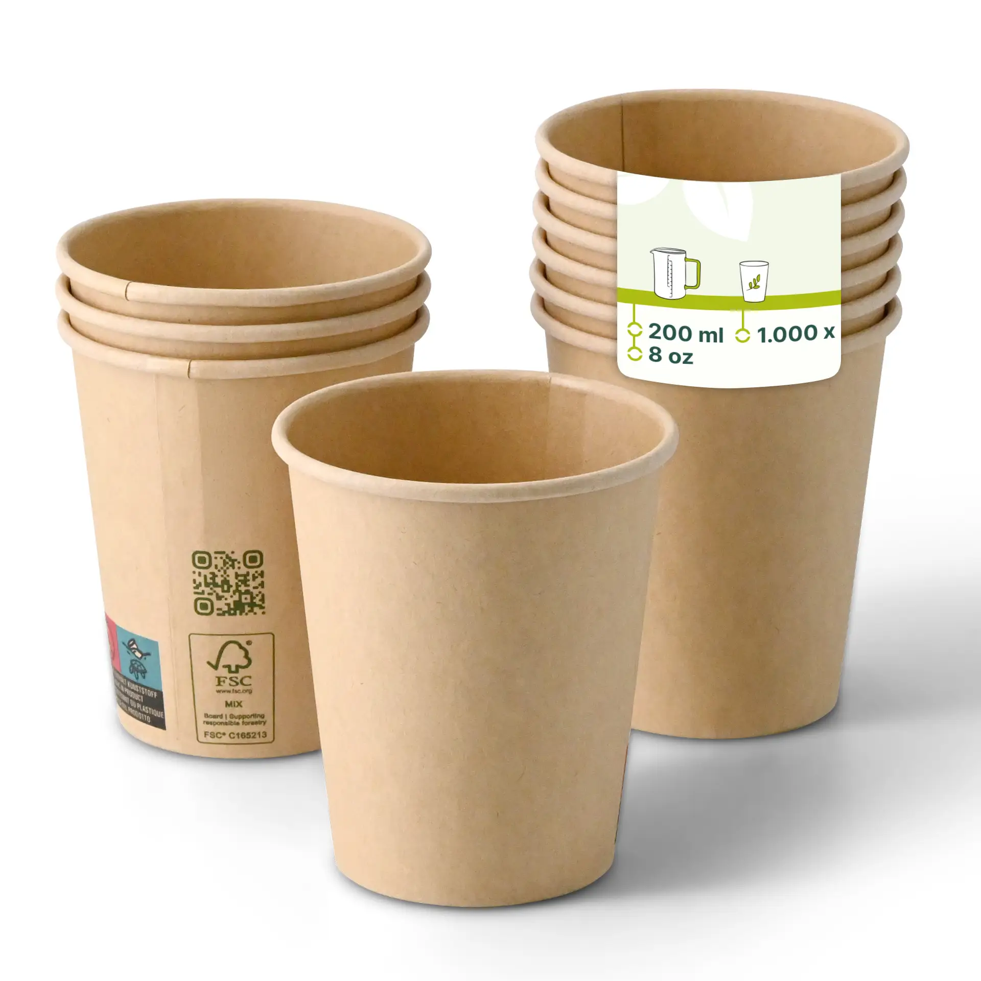 Coppetta in carta marrone a parete singola, 200 ml / 8 oz, rivestita in PLA, impilabile; etichetta con codice QR e informazioni sulla sostenibilità.