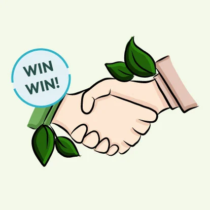 Illustrazione di una stretta di mano tra due mani, circondata da foglie verdi; include un'etichetta 'Win Win!'