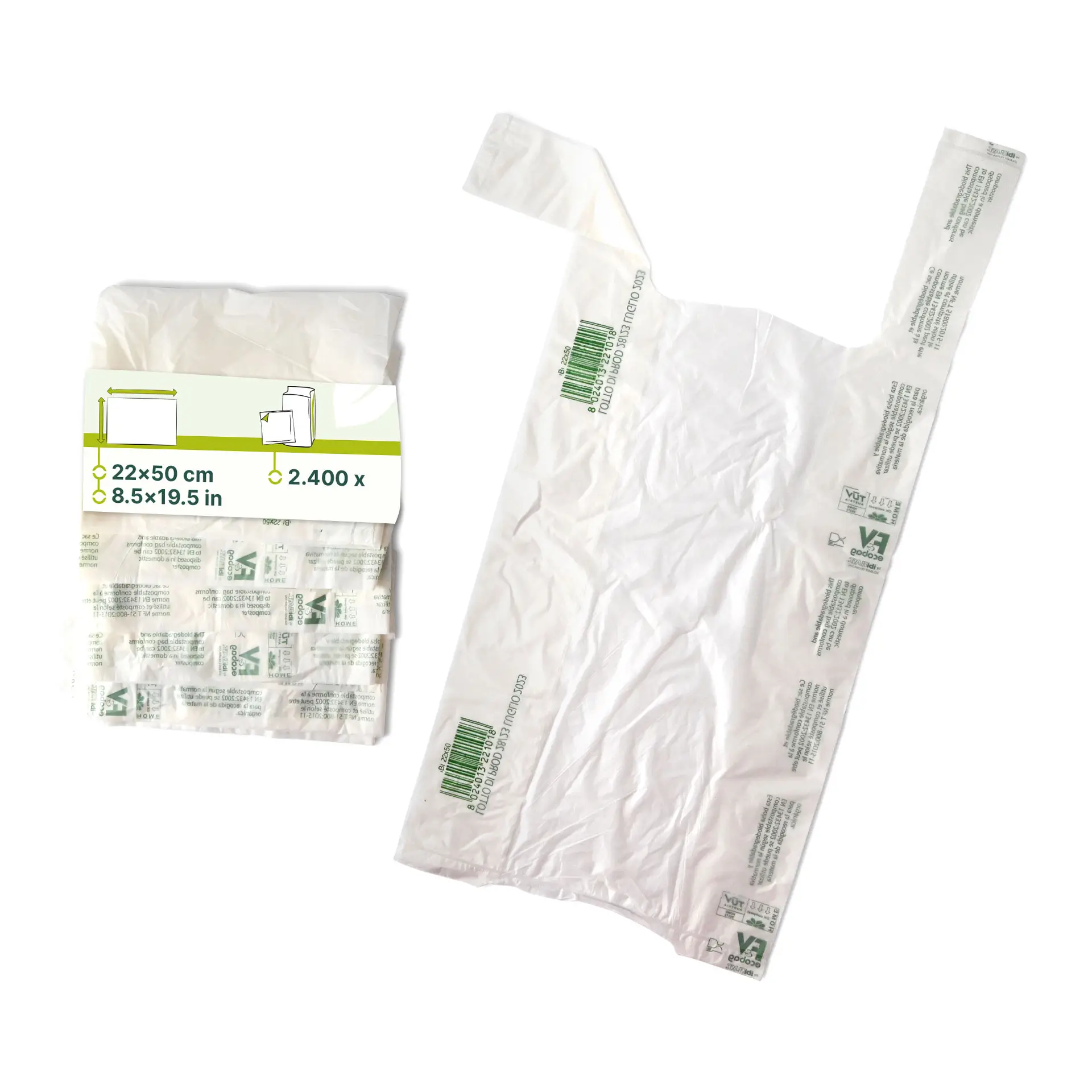 Mater-Bi®-Knotenbeutel 22 + 13 x 50 cm, 200 St. auf Rolle