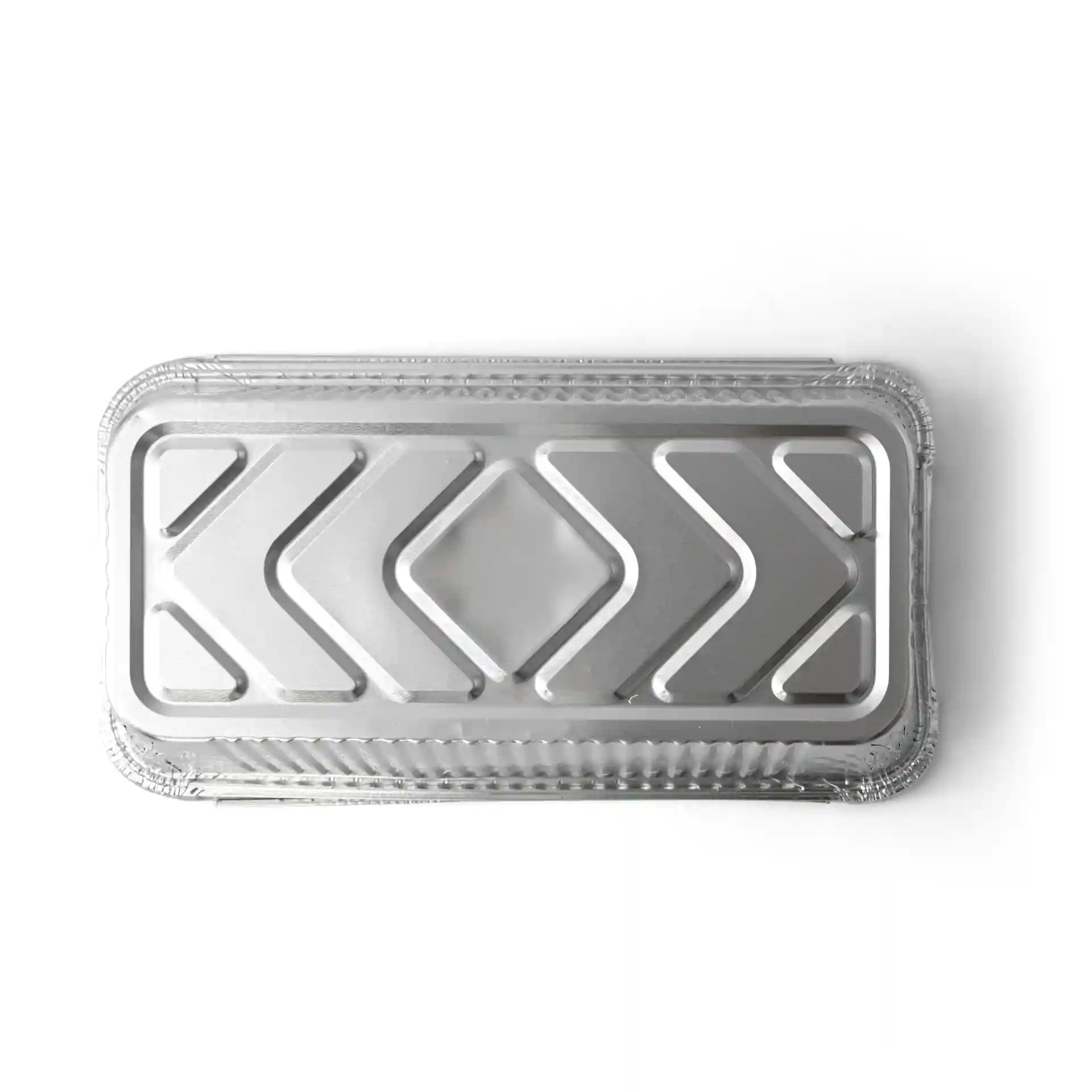 Contenitore rettangolare in alluminio di 21,8 x 11,3 x 5,4 cm con coperchio decorato.