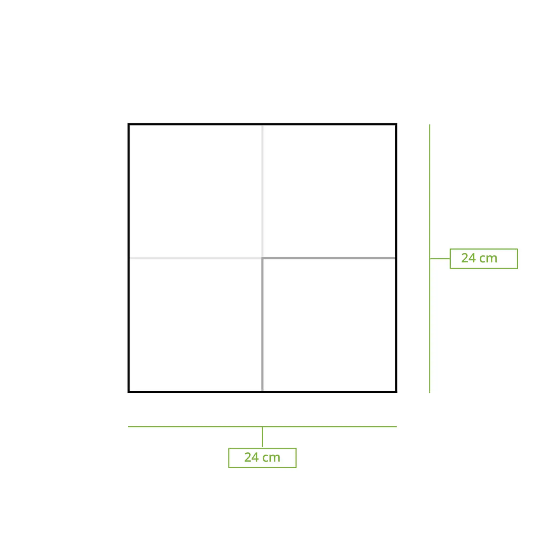 Tovagliolo da cocktail bianco 2 veli, 24 x 24 cm, mostrato in piega a quarto con misure indicate.