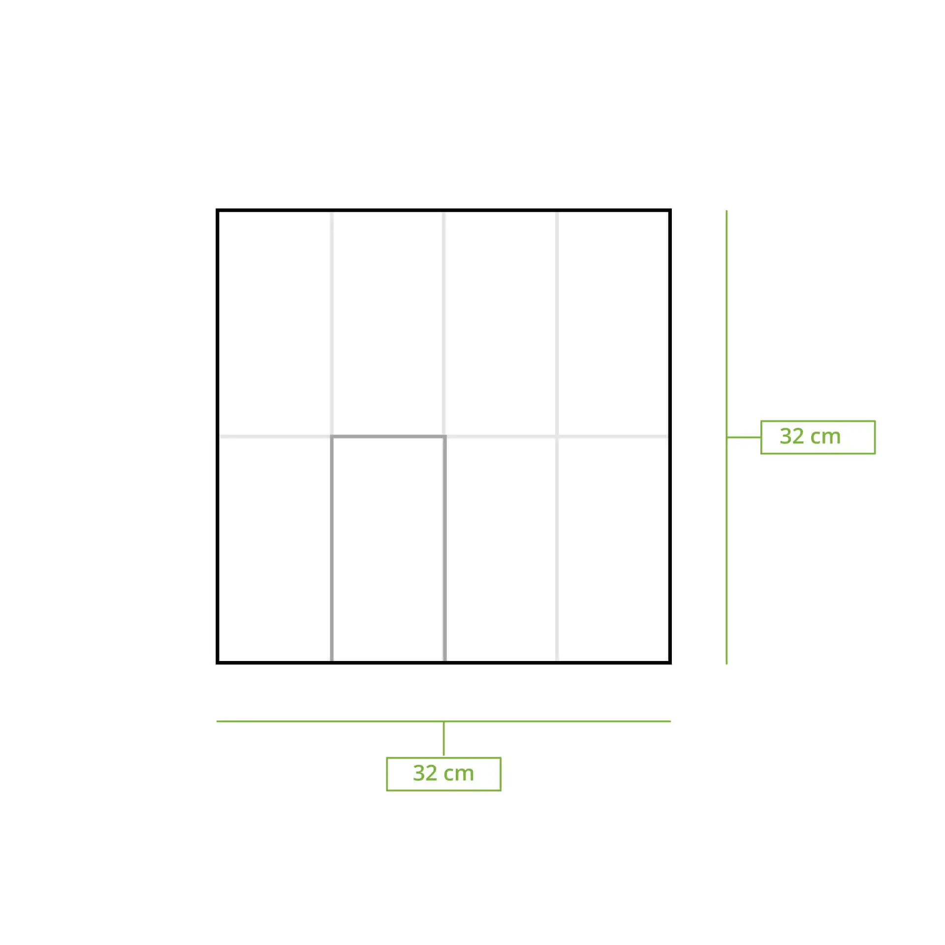 Disegno schematico di un tovagliolo di carta quadrato di 32 cm con piega 1/8 e linee di dimensione.
