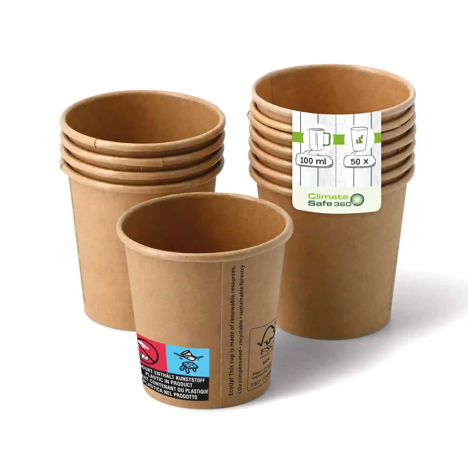 Bicchieri di carta marroni impilati, con un bicchiere davanti che mostra un'etichetta, in cartone, capacità di 100 ml.
