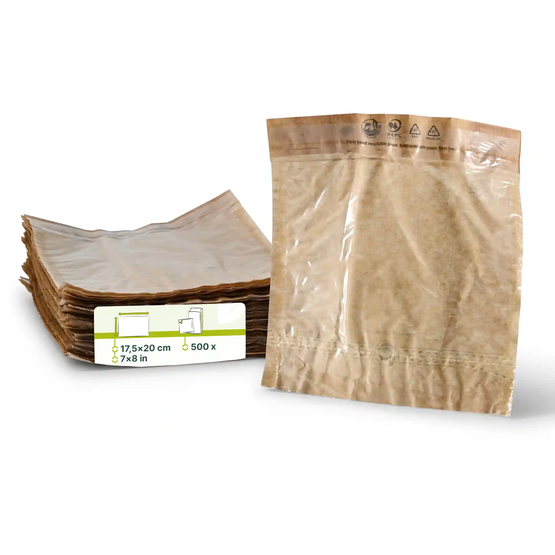 Pila di sacchetti per snack in carta stampata, 17,5 x 20 cm, con un sacchetto in posizione verticale.