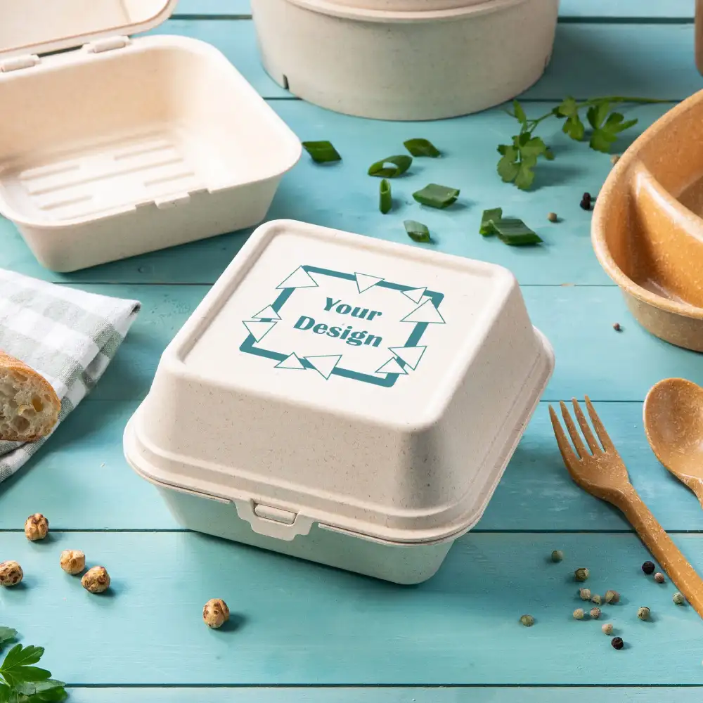 Contenitore take away quadrato biodegradabile con etichetta di design personalizzata, circondato da cibi e posate su uno sfondo blu.