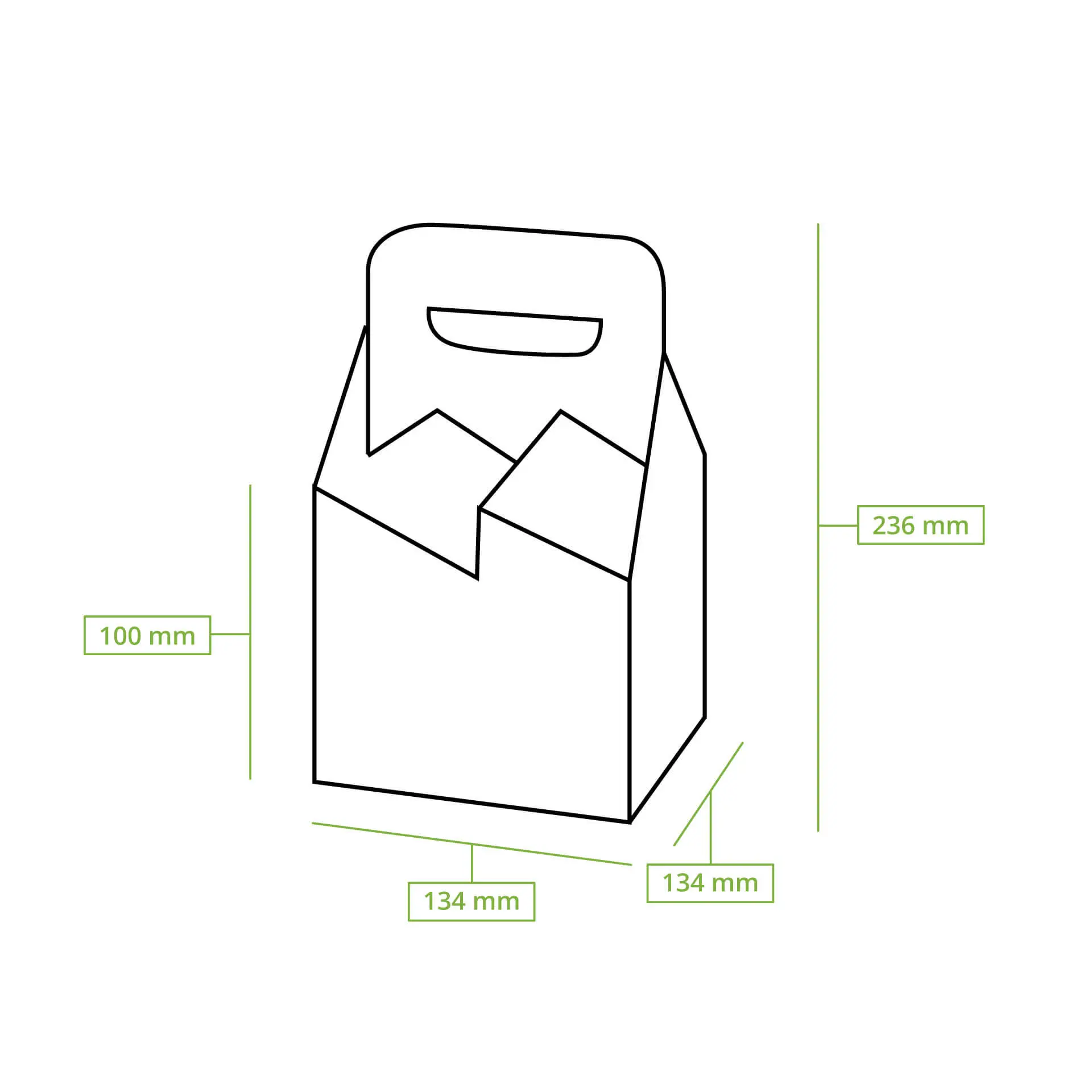 Portabottiglie in cartone pieghevole con manico centrale; dimensioni 134 mm x 134 mm x 236 mm, adatto per 2-4 bottiglie.