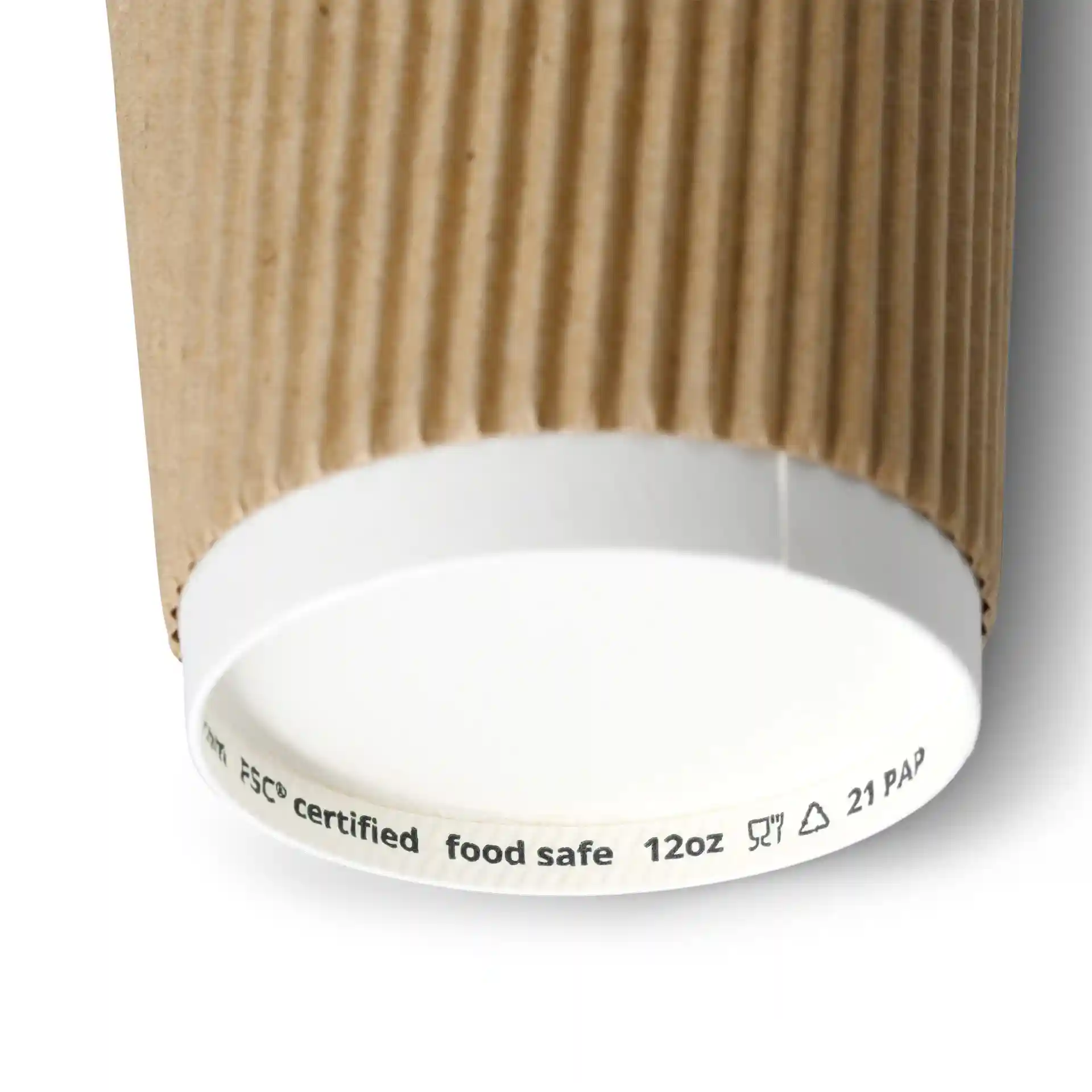 Tazza di carta marrone con interno bianco, mostra il bordo inferiore e le marcature stampate.