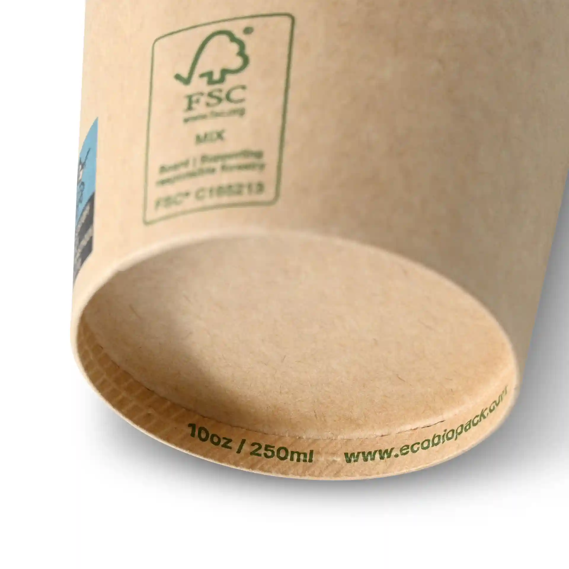 Bicchiere di carta marrone con un diametro di 90 mm, mostra il fondo con le indicazioni di volume di 10 oz e 250 ml.