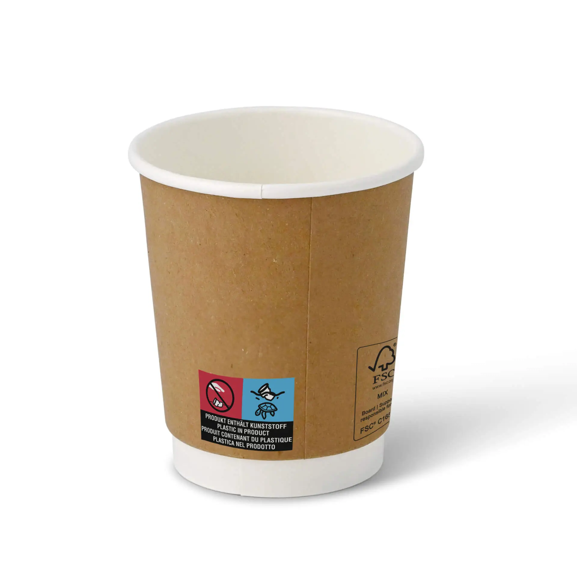 Una tazza da caffè marrone a doppia parete con interno bianco; presenta etichette e segni sul lato.