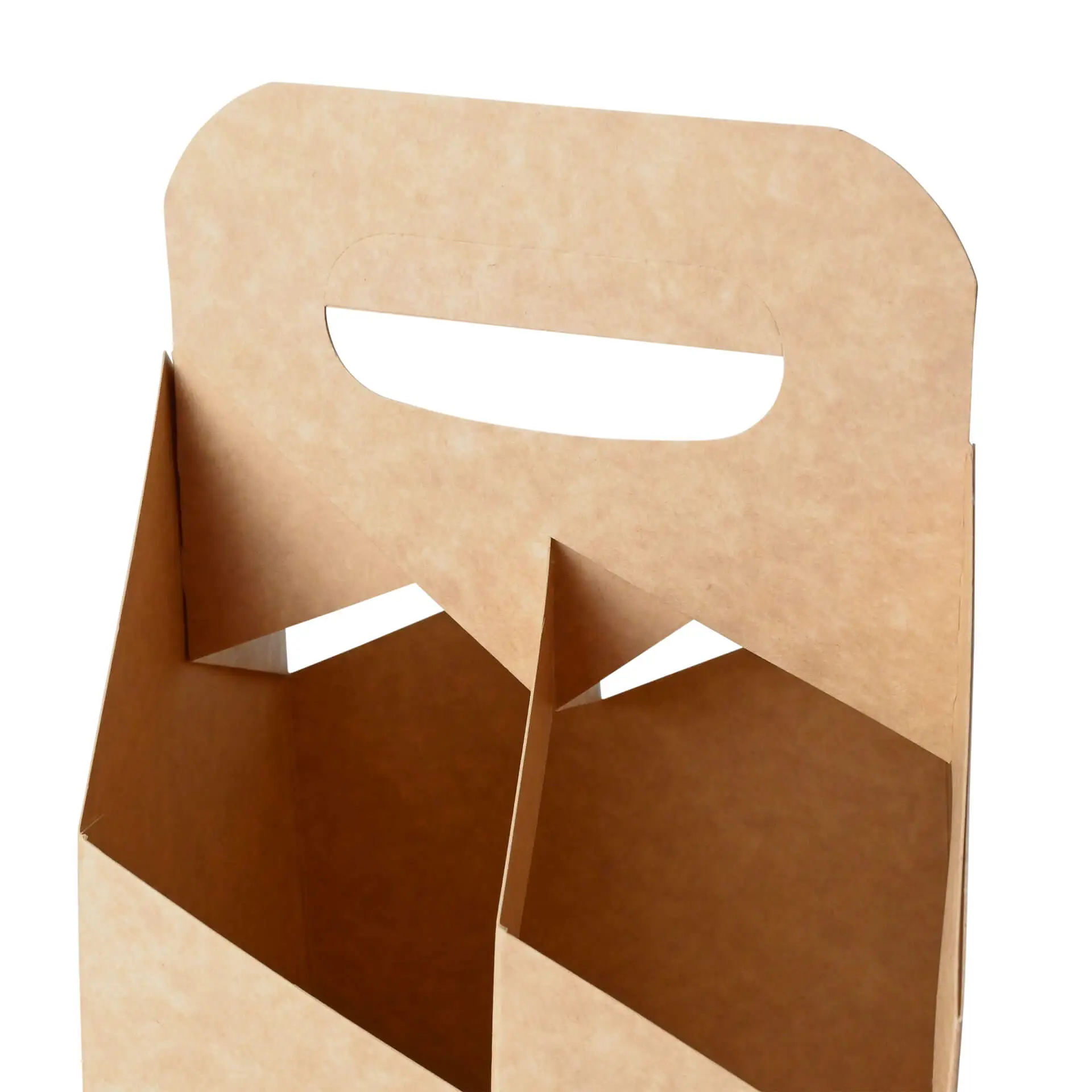 Portabottiglie in cartone pieghevole con manico centrale, progettato per 2-4 bottiglie, finitura non sbiancata.